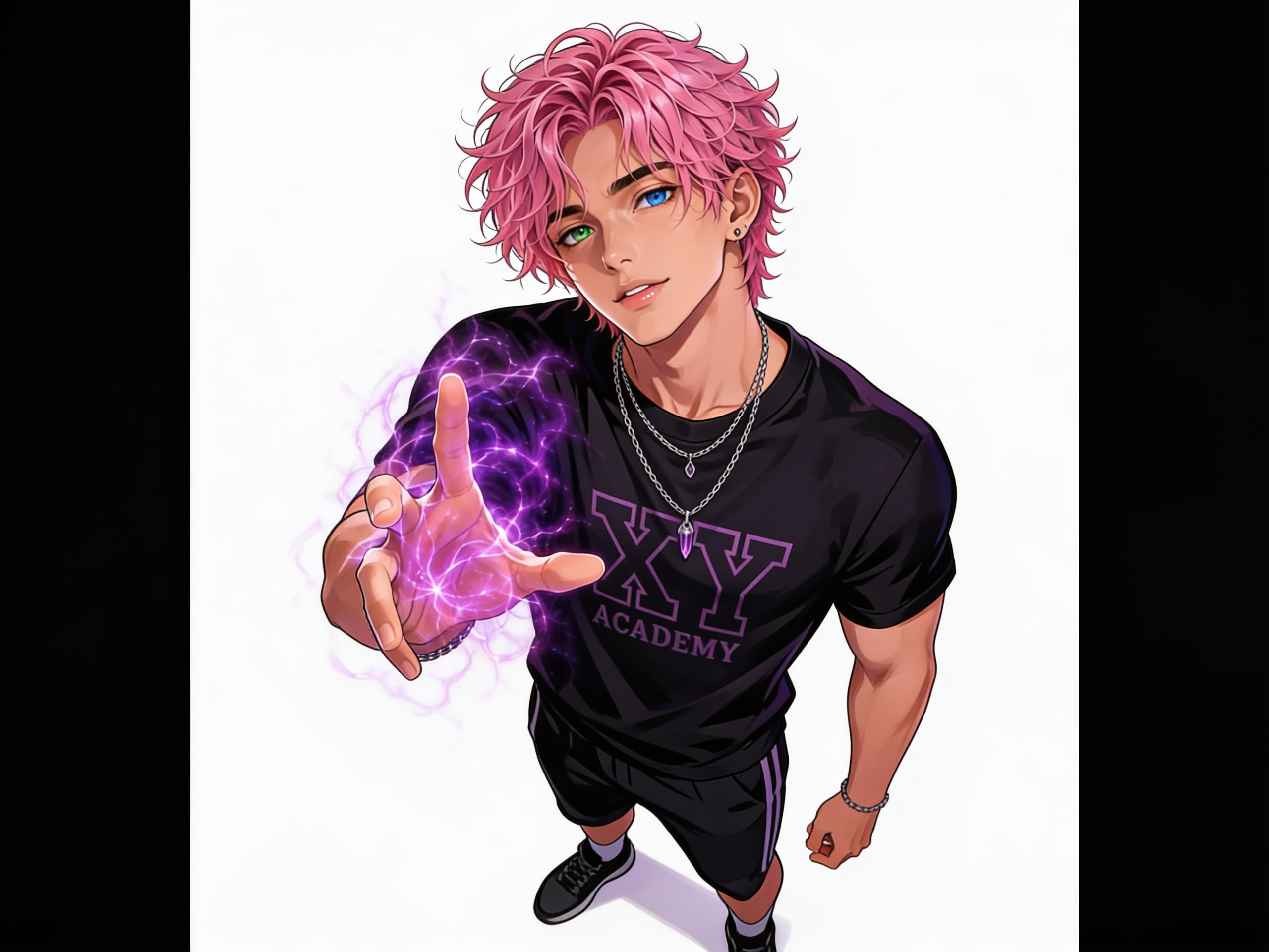 [semi-realistic-portrait-style]1boy, pink hair, heterochromia, green eye, blue eye, teenager, athletic, single character, full body, looking at viewer, anime style, simple background, white background, anime style