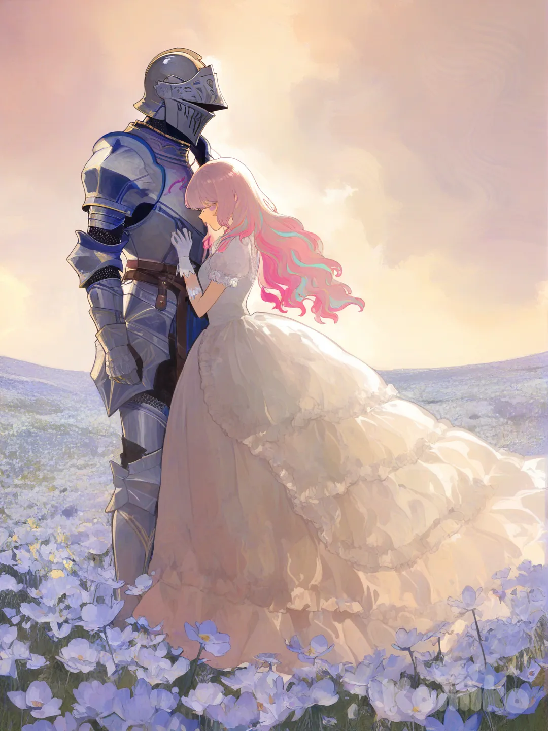 một chàng kị sĩ, đẹp trai, tóc dài tới gáy bay nhẹ vì gió, cao ráo đứng bên trái nhìn cô gái tóc hồng, mặc váy công chúa, đứng bên phải nhìn chàng kị sĩ, tóc bay nhẹ, bối cảnh ở vùng cỏ hoa mênh mông có nắng vàng nhẹ., [watercolor-illustration-style]
