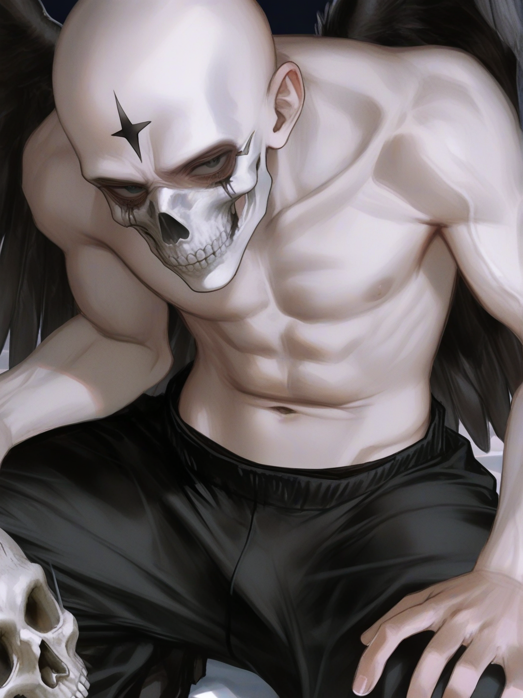 [semi-realistic-portrait-style] 1boy, angel, mature, muscular, tall, slim, bald, pale skin, shirtless, large black wing, skull mask, black heart, black veins, shirtless, baggy pants