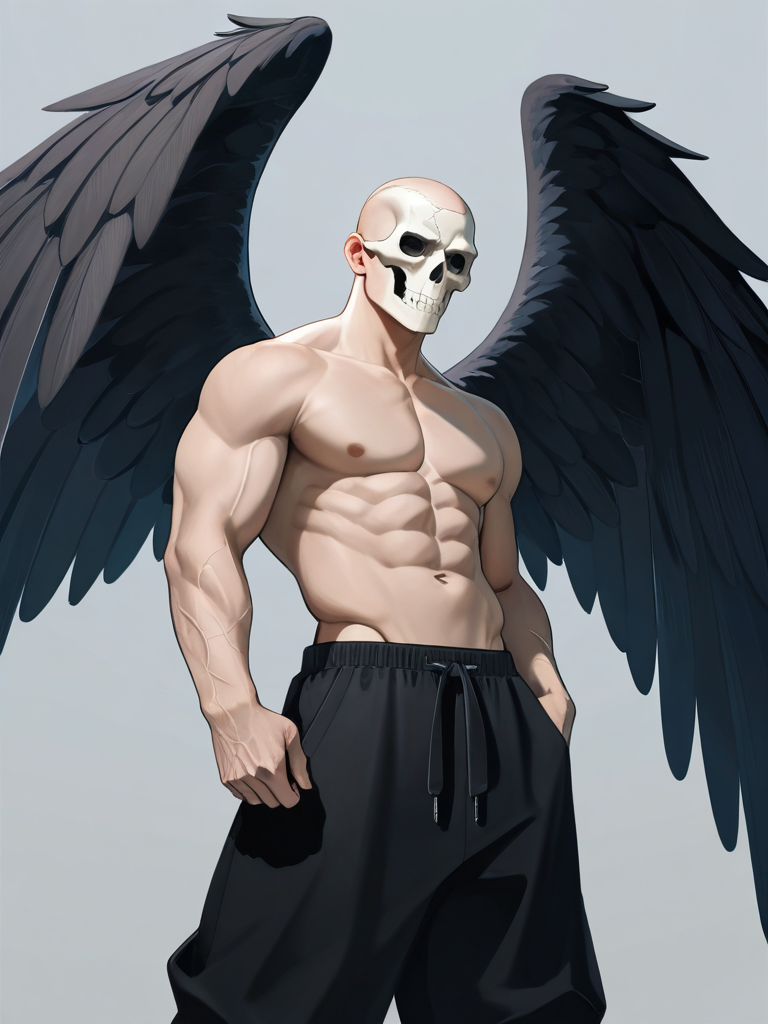 1boy, angel, mature, muscular, tall, slim, bald, pale skin, shirtless, large black wing, skull mask, black heart, black veins, shirtless, baggy pants
