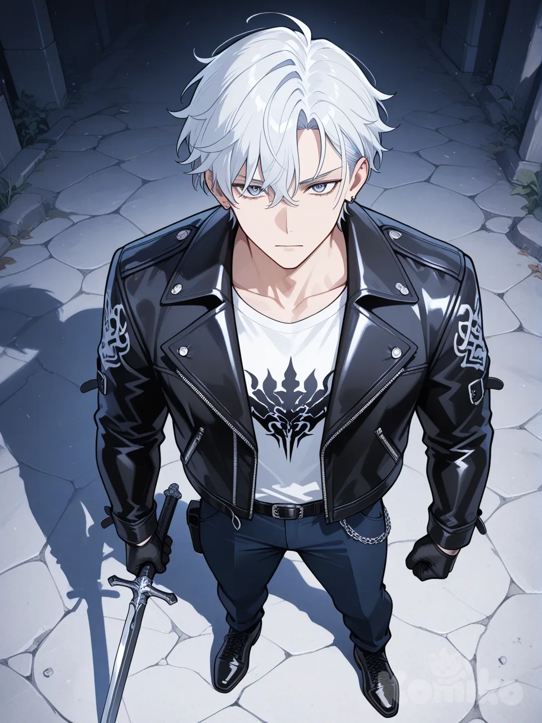 1boy, holding sword, leather jacket, bird's-eye view