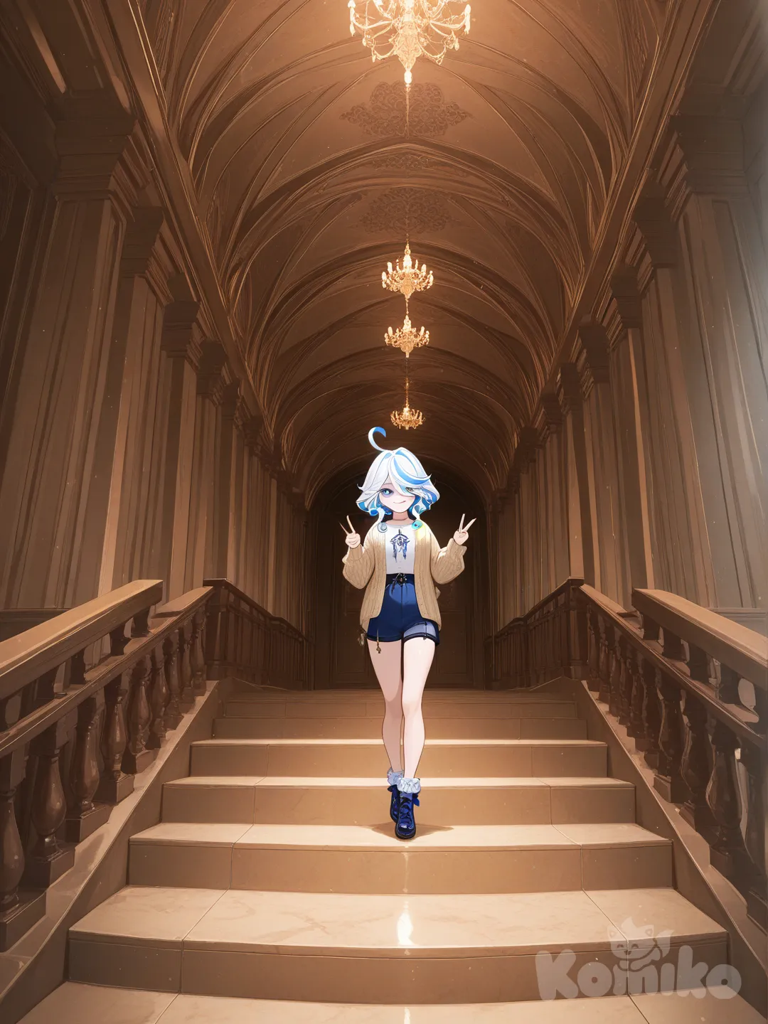 @Furina_(Genshin_Impact), v sign, bohemian shirt, knitted cardigan, panoramic lens