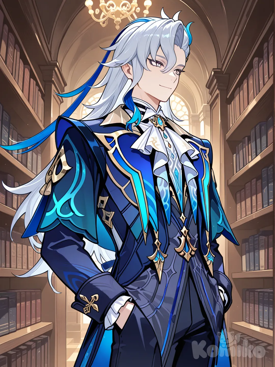 @Neuvillette_(Genshin_Impact), smile, hands in pockets, looking away, library