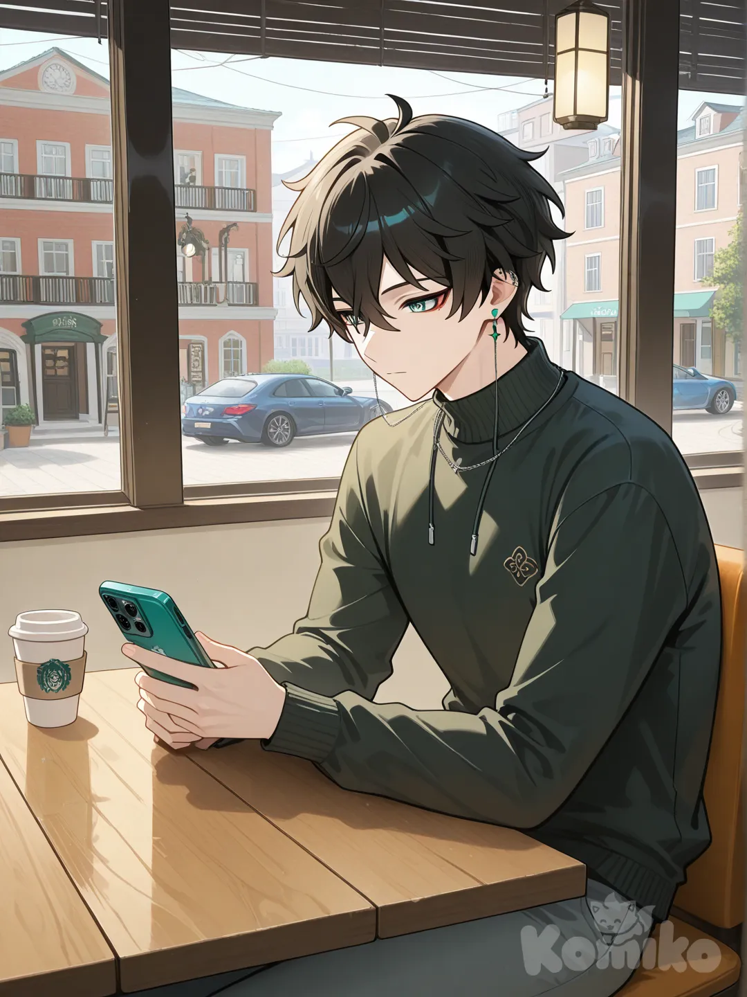 @Dan_Heng_(Honkai:Star_Rail), looking at phone, expressionless, cafe