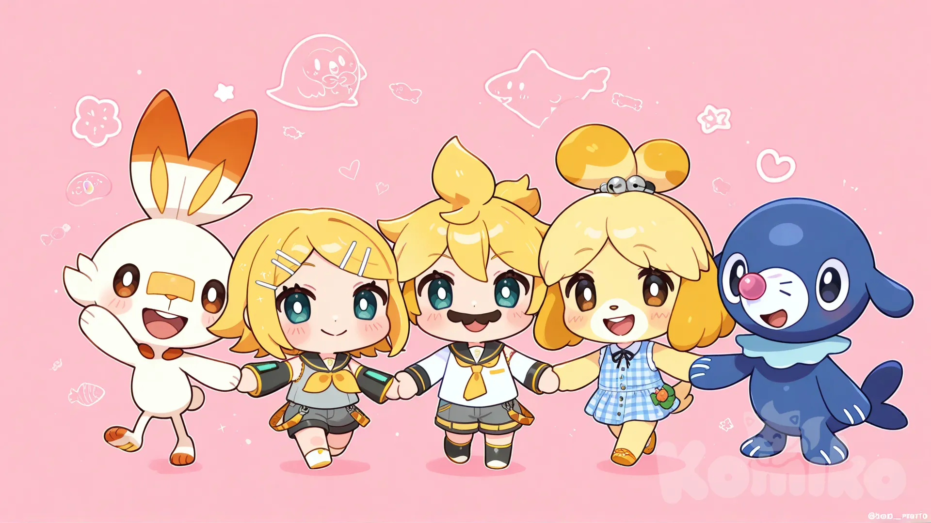 @Scorbunny, @Snivy, @Popplio, @Rowlet, @Hatsune_Miku, @Kagamine_Rin, @Kagamine_Len, @Isabelle_(Animal_Crossing), @Mario, @Yoshi, @Boo_(Mario), holding hands