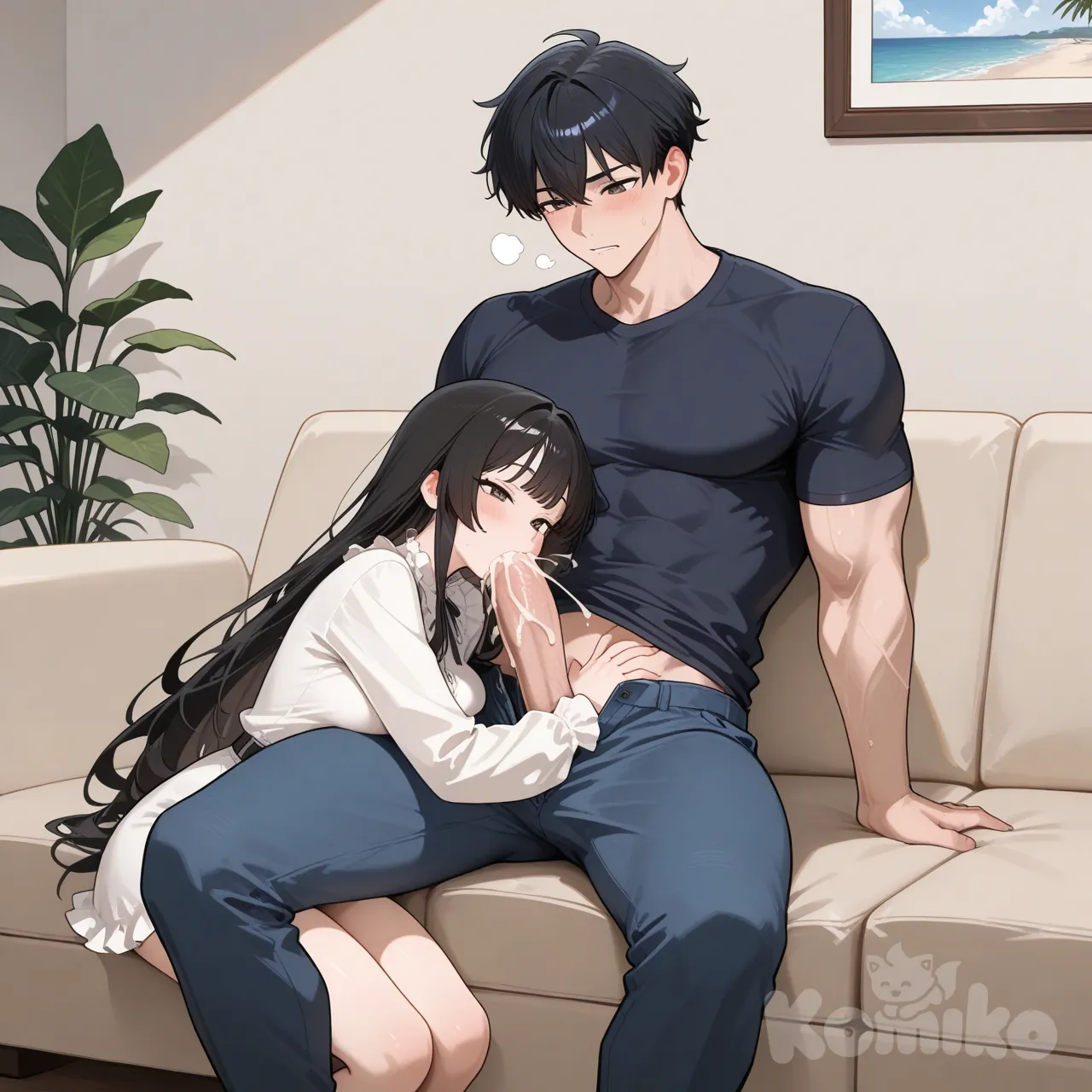 Wide view, 1 scene, 1 fit man with short hair, large penis, age 30, black hair, 1 woman, age 30, hazel eyes, long black hair with red bangs, medium breast, comfy clothing, male sitting on couch, laying on lap, blowjob, cum, fingering herself, under her clothes