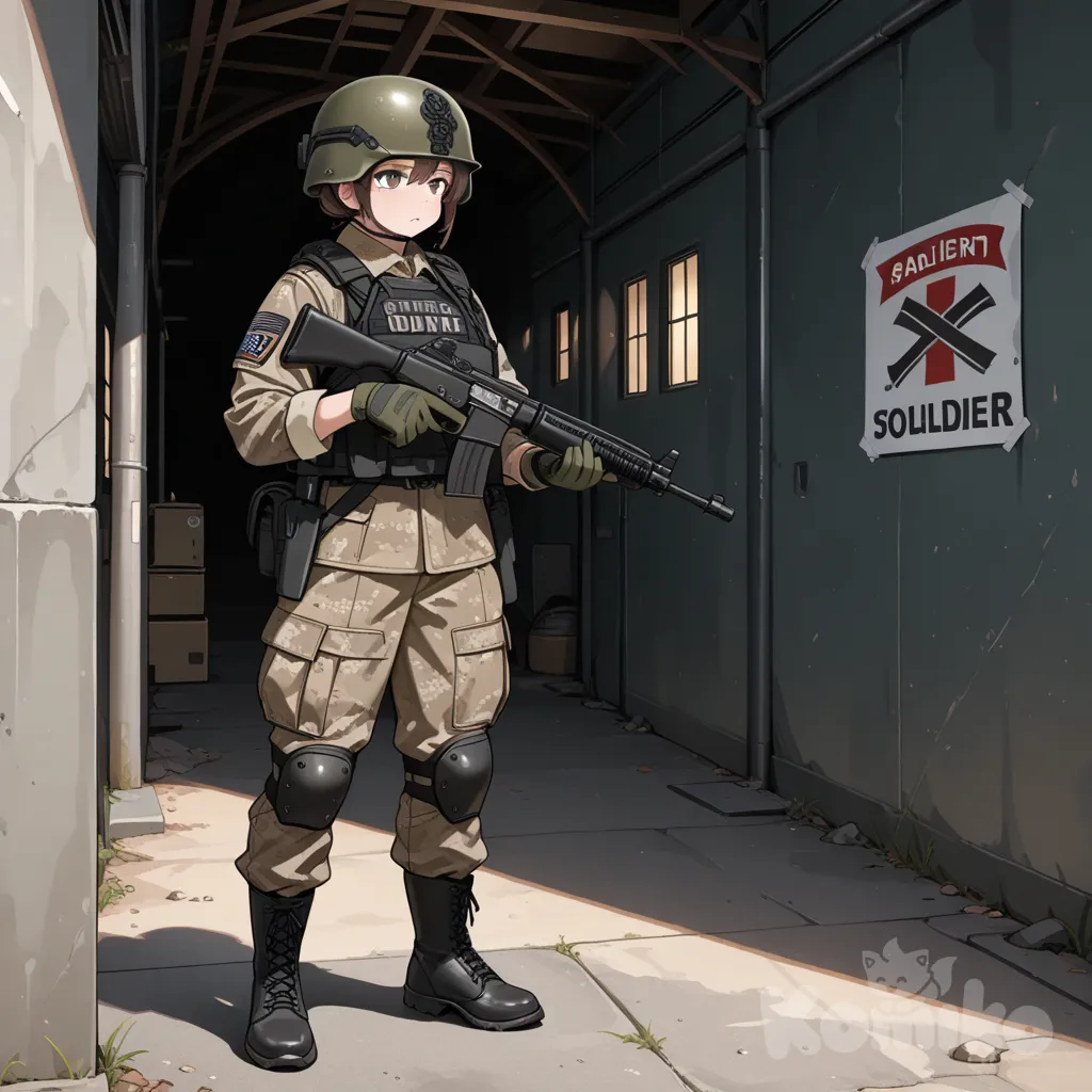 A soldier girl with a full equipment suit
