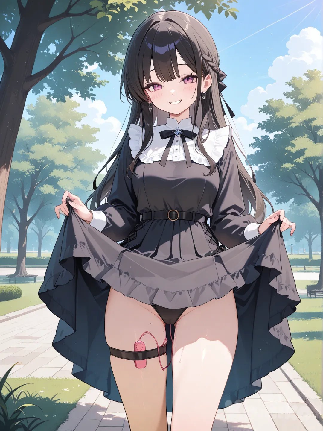 a girl wearing a black dress in the park and lifting up her skirt and revealing a strapped vibrator on her legs