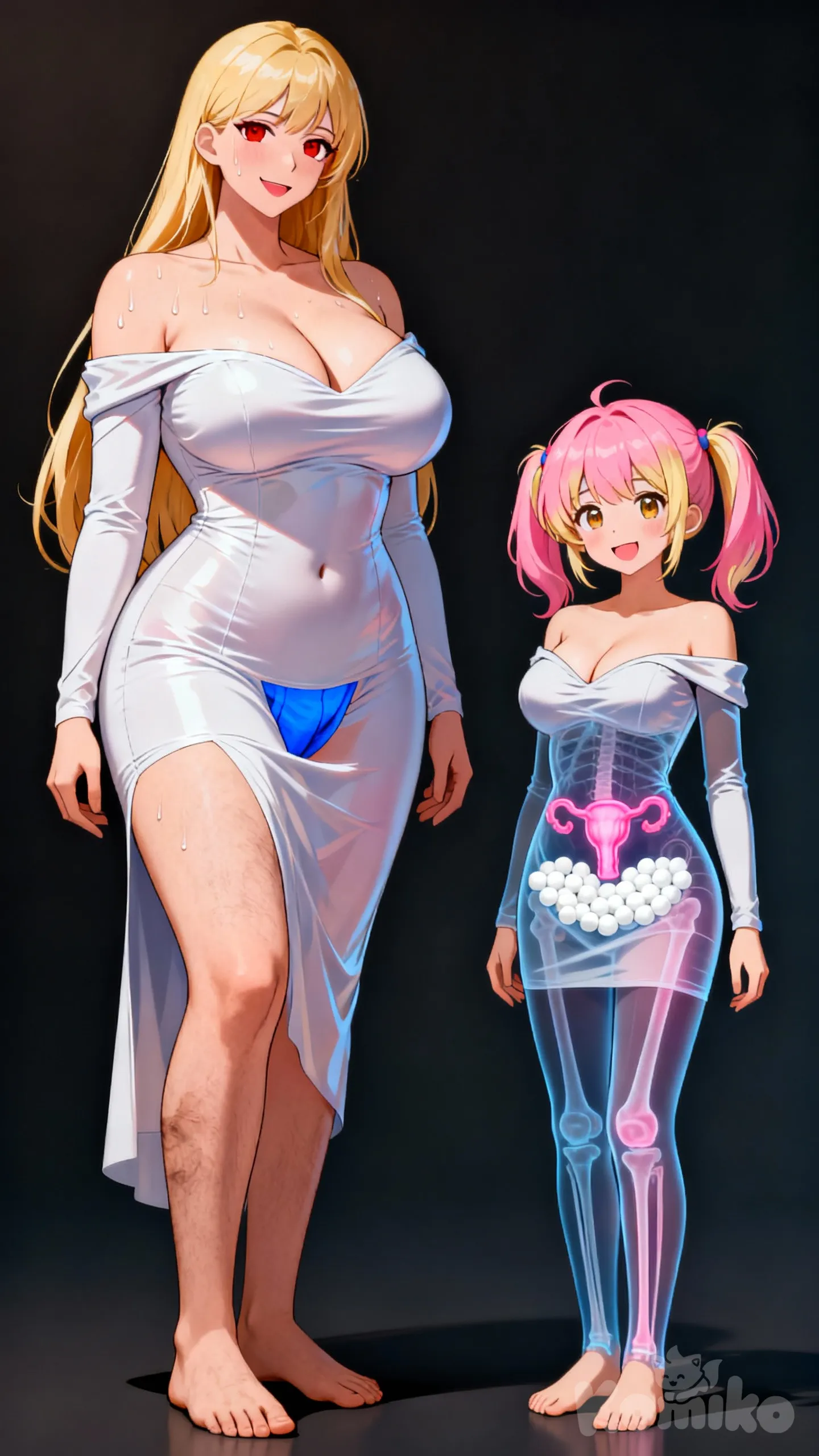 Two characters, (2 people: 1.2), (2 people lineup: 1.2), standing side by side, left character, right character, left: (mature woman (1) Mature woman Height 240cm. MILF (Mom I'd Like to Fuck)), (fake smile: 1), sweating,
Right: (cute younger sister (2) Height 165cm), smile: 1.2),
left character: A mature woman (1) Mature woman Height240cm. MILF (Mom I'd Like to Fuck), 
low-cut off-shoulder tight dress, 
That shows off the curves of her body and the enormous penis hidden inside the clothing The dress had a blue underlay showing through, 
240cm tall, beautiful long legs, long blonde hair, and red eyes. full bodies visible, sagging breasts Extremely large breasts, Super-large breasts (J-cup). 
;
right character:A cute younger sister(2)Height165cm, with pink hair,beautiful pink camel hooves, 
Wearing low-cut off-shoulder tight dress
the curves of her body,
blonde eyes,
 twin tails, and 165cm tall. Super-large breasts (f-cup. 
( See through the abdomen, revealing the position of the uterus Filled with semen., by x-ray in the Uterus filled with semen uterus is full of white semen:2), gathering together