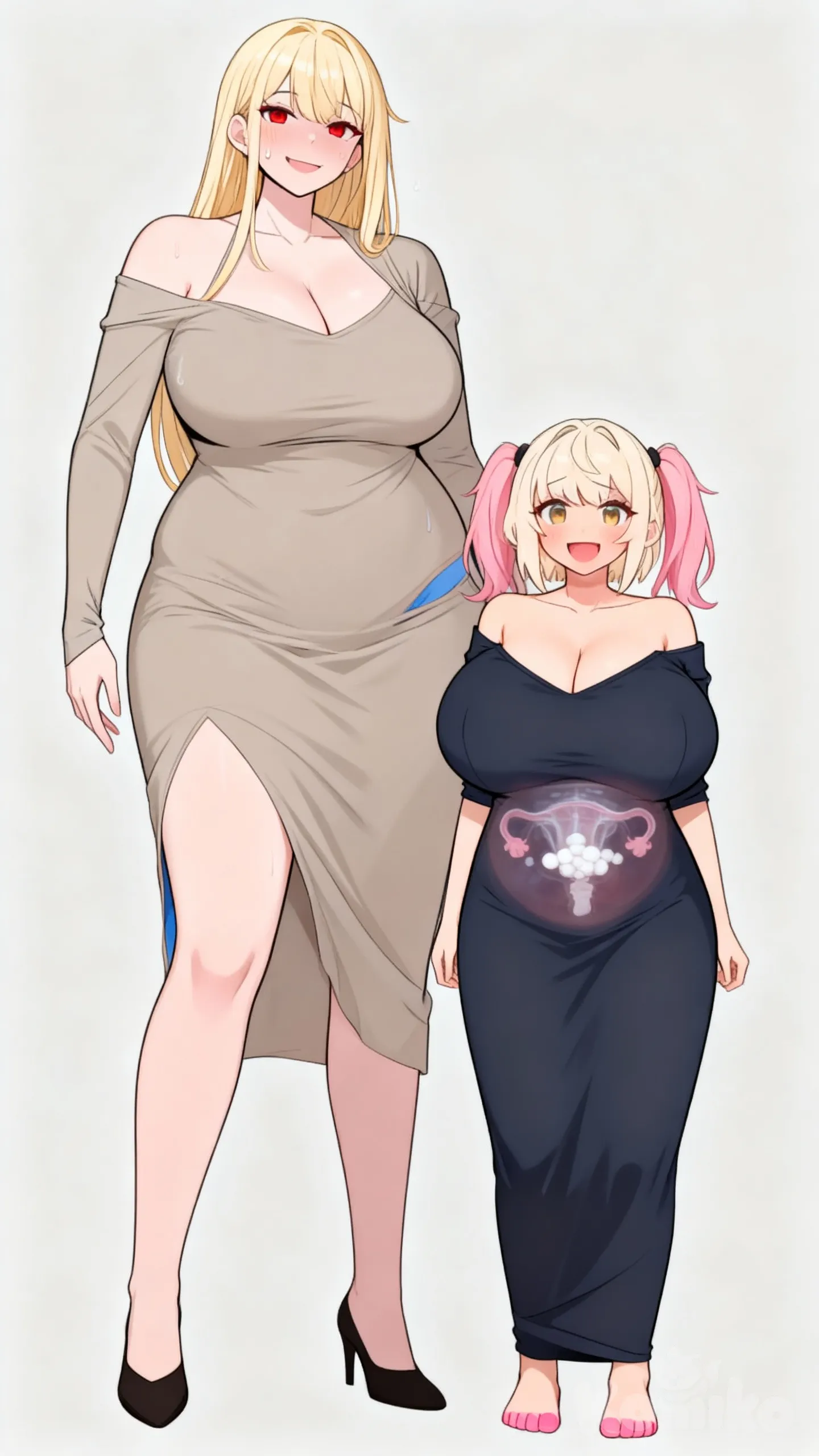 Two characters, (2 people: 1.2), (2 people lineup: 1.2), standing side by side, left character, right character, left: (mature woman (1) Mature woman Height 240cm. MILF (Mom I'd Like to Fuck)), (fake smile: 1), sweating,
Right: (cute younger sister (2) Height 165cm), smile: 1.2),
left character: A mature woman (1) Mature woman Height240cm. MILF (Mom I'd Like to Fuck), 
low-cut off-shoulder tight dress, 
That shows off the curves of her body and the enormous penis hidden inside the clothing The dress had a blue underlay showing through, 
240cm tall, beautiful long legs, long blonde hair, and red eyes. full bodies visible, sagging breasts Extremely large breasts, Super-large breasts (J-cup). 
;
right character:A cute younger sister(2)Height165cm, with pink hair,beautiful pink camel hooves, 
Wearing low-cut off-shoulder tight dress
the curves of her body,
blonde eyes,
 twin tails, and 165cm tall. Super-large breasts (f-cup. 
( See through the abdomen, revealing the position of the uterus Filled with semen., by x-ray in the Uterus filled with semen uterus is full of white semen:2), gathering together