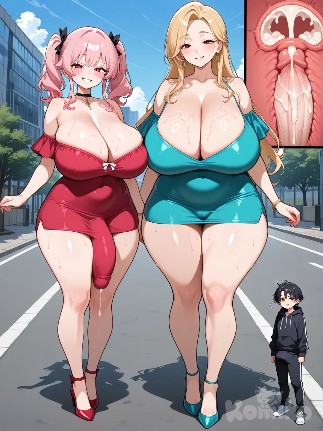 Two characters, (2 people: 1.2), (2 people lineup: 1.2), standing side by side, left character, right character, left: (mature woman (1) Mature woman Height 240cm. MILF (Mom I'd Like to Fuck)), (fake smile: 1), sweating,
Right: (cute younger sister (2) Height 165cm), smile: 1.2),
(left character: A mature woman (1) Mature woman Height240cm. MILF (Mom I'd Like to Fuck), 
low-cut off-shoulder tight dress, 
That shows off the curves of her body and the enormous penis hidden inside the clothing, 
240cm tall, beautiful long legs, long blonde hair, and red eyes. full bodies visible, sagging breasts Extremely large breasts, Super-large breasts (J-cup). )
(right character:A cute younger sister(2)Height165cm, with pink hair,beautiful pink camel hooves, 
Wearing low-cut off-shoulder tight dress
the curves of her body,
blonde eyes,
 twin tails, and 165cm tall. Super-large breasts (f-cup). 
( See through the abdomen, revealing the position of the uterus Filled with semen., by x-ray in the Uterus filled with semen uterus is full of white semen:2)