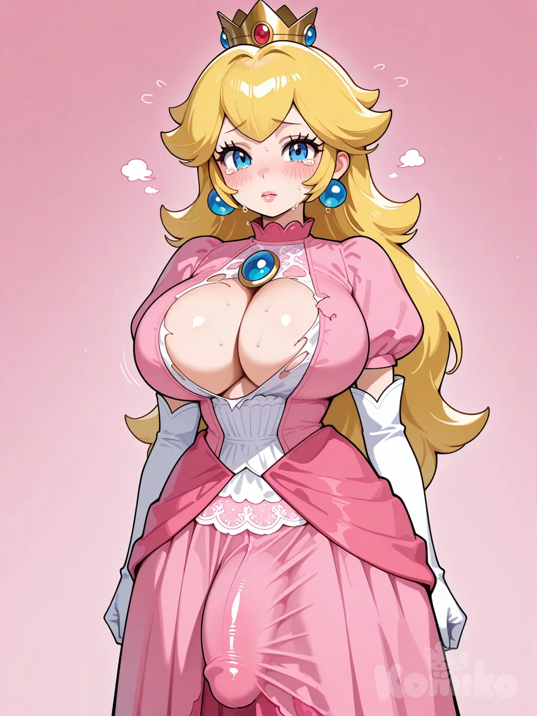 @Princess_Peach tiene tetas grandes que desgarran un poco su vestido, y tiene un pene grande que se marca en su vestido y está llorando