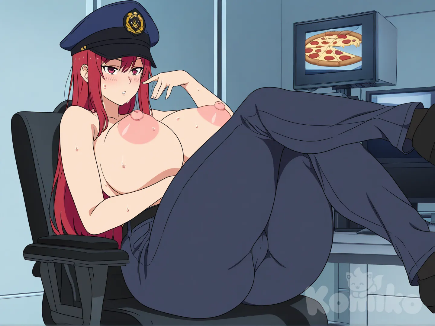 okey describeme eróticamente como estabas en esa oficina...

Chica blanca tetona y caderona con un pantalón de guardia de seguridad, con los pechos descubiertos con una gorra de seguridad en su cabeza, viedo las cámaras de seguridad en un local de pizza con animatronicos, excitada, [pop-anime-style]