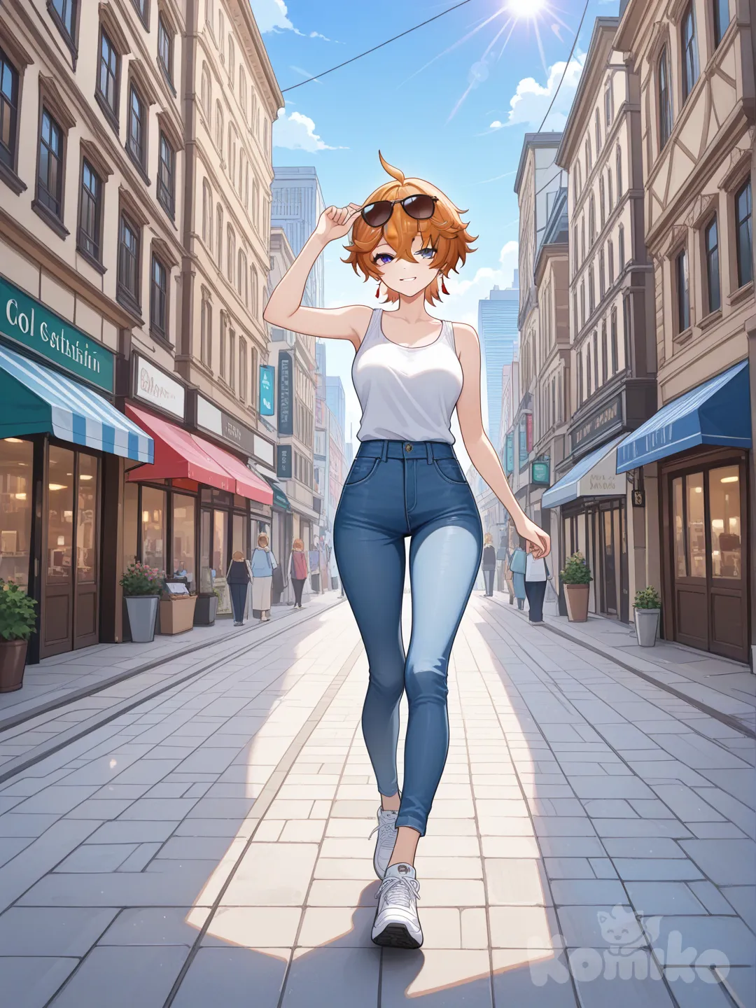 @Tartaglia_(Genshin_Impact) as a woman big sister style

 #looking at viewer #front view #fullbody

#cool post #funny

, white Thin tank top, jeans, running shoes, sun glasses

relax , Taking a stroll, walking on a sidewalk , on a sunnyday , in the shopping sreet in capital city.