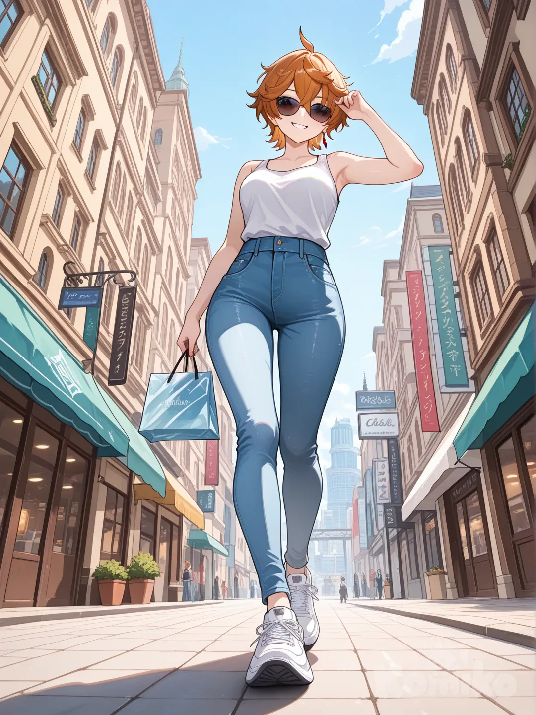 @Tartaglia_(Genshin_Impact) as a woman big sister style

 #looking at viewer #up view #fullbody

#cool post #funny

, white Thin tank top, jeans, running shoes, sun glasses

relax , Taking a stroll, walking on a sidewalk , on a sunnyday , in the shopping sreet in capital city.