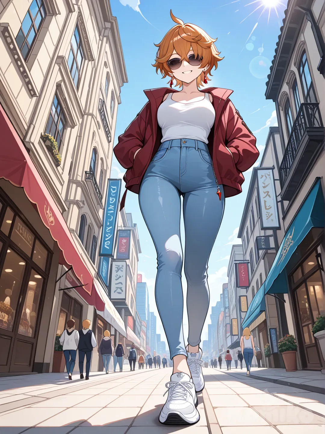@Tartaglia_(Genshin_Impact) as a woman big sister style

 #looking at viewer #front up view #fullbody

#cool post #funny

, white Thin tank top, jeans, running shoes, sun glasses

relax , Taking a stroll, walking on a sidewalk , on a sunnyday , in the shopping sreet in capital city.
