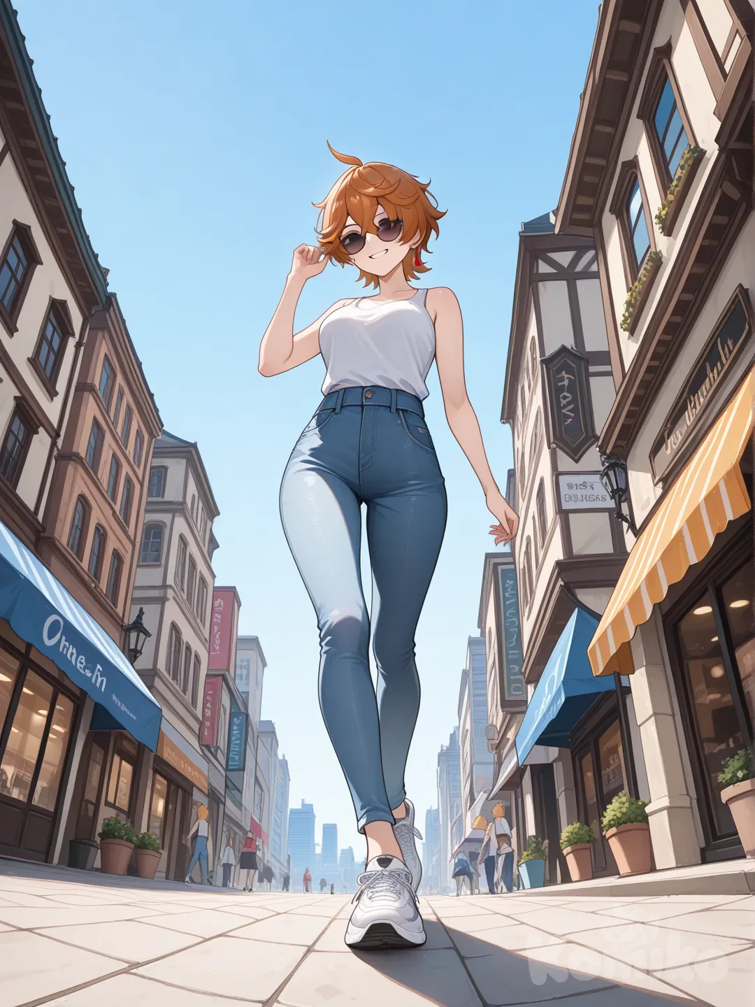 Tartaglia (Genshin Impact) as a woman big sister style

 #looking at viewer #side up view #fullbody

#cool post #funny

, white Thin tank top, jeans, running shoes, sun glasses

relax , Taking a stroll, walking on a sidewalk , on a sunnyday , in the shopping sreet in capital city.