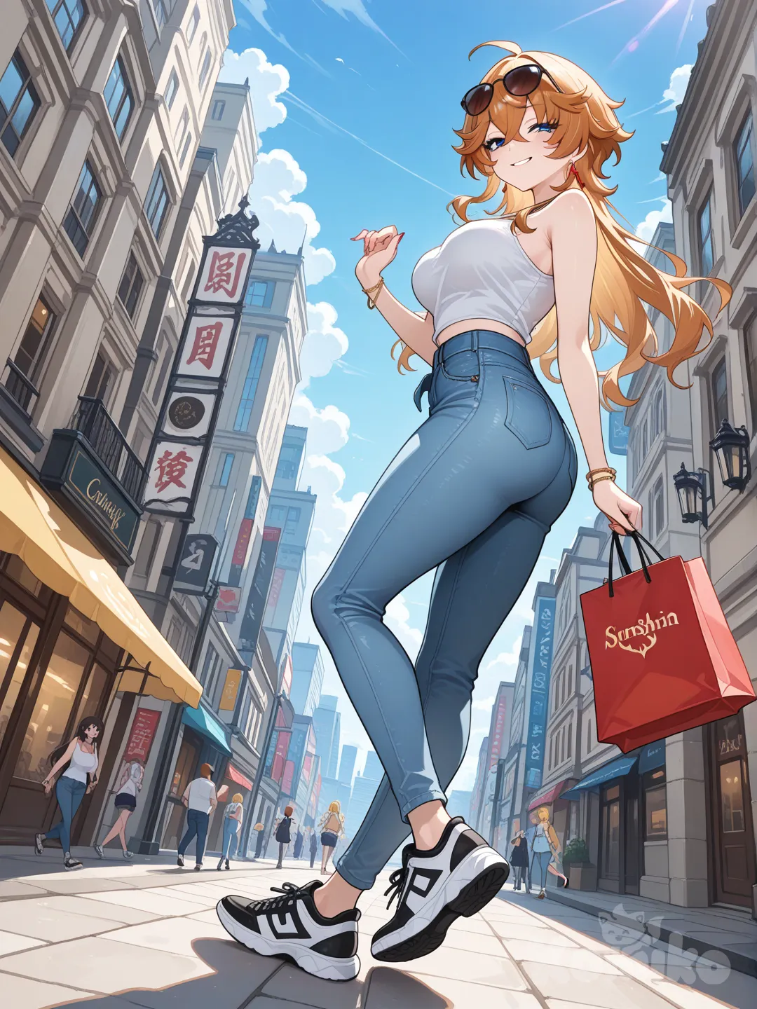 Tartaglia (Genshin Impact) as a woman big sister style

 #looking at viewer #side up view #fullbody

#cool post #funny

, white Thin tank top, jeans, running shoes, sun glasses

relax , Taking a stroll, walking on a sidewalk , on a sunnyday , in the shopping sreet in capital city.