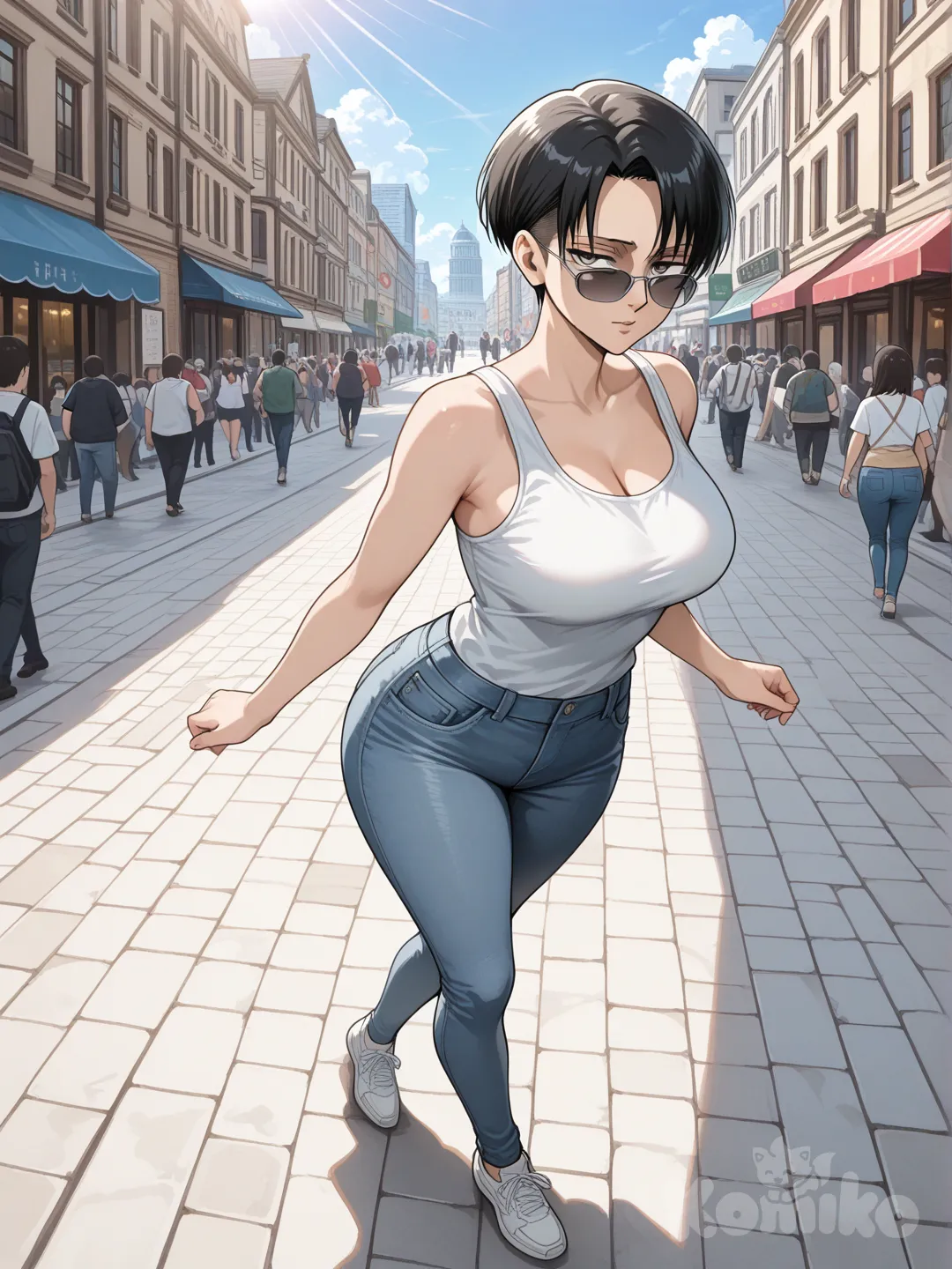 @Levi_(Shingeki_No_Kyojin)

#big sister style , Very good figure

#sife view 

 # upper body (Focus on the upper body, from the waist up.)

#looking at viewer #full body#, up view , #full body ,from above ,day , funny , relaxed, anime style , 

#cool post

, white Thin tank top, jeans, running shoes, sun glasses

relax , Taking a stroll, walking on a sidewalk , on a sunnyday , in the shopping sreet in capital city.