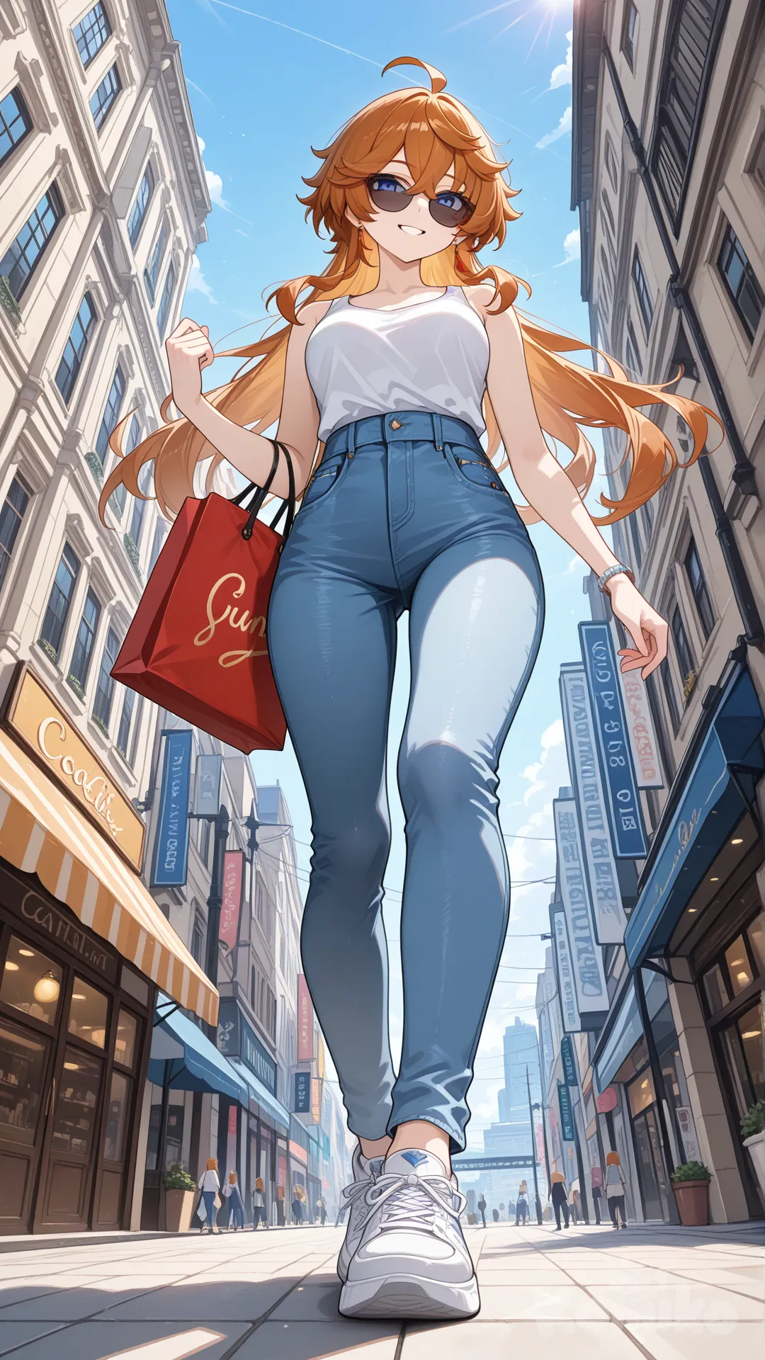 Tartaglia (Genshin Impact) as a longhair woman big sister style

 #looking at viewer #side up view #fullbody

#cool post #funny

, white Thin tank top, jeans, running shoes, sun glasses

relax , Taking a stroll, walking on a sidewalk , on a sunnyday , in the shopping sreet in capital city.