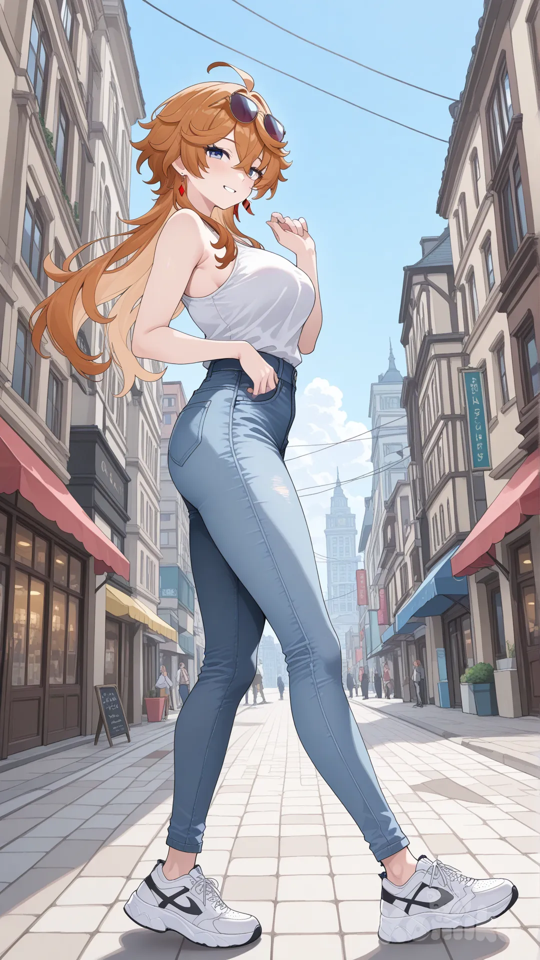 Tartaglia (Genshin Impact) as a longhair woman big sister style

 #looking at viewer #side up view #fullbody

#cool post #funny

, white Thin tank top, jeans, running shoes, sun glasses

relax , Taking a stroll, walking on a sidewalk , on a sunnyday , in the shopping sreet in capital city.