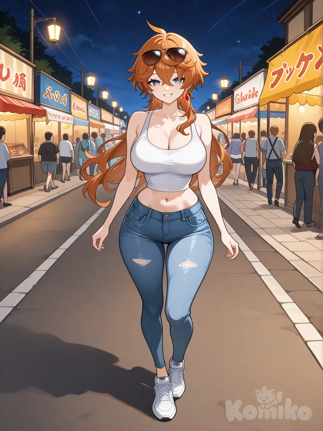 Tartaglia (Genshin Impact) as a longhair woman big sister style

#big sister style , Very good figure , 

#side view 

 # upper body (Focus on the upper body, from the waist up.)

#looking at viewer #full body#, up view , #full body ,from above , day , funny , relaxed, anime style , 

#cool post

, white Thin tank top, jeans, running shoes, sun glasses

relax , Taking a stroll, walking on a sidewalk , on a midnight sunnyday , in the sreet in night market , It has a view of the sea and beach as a backdrop