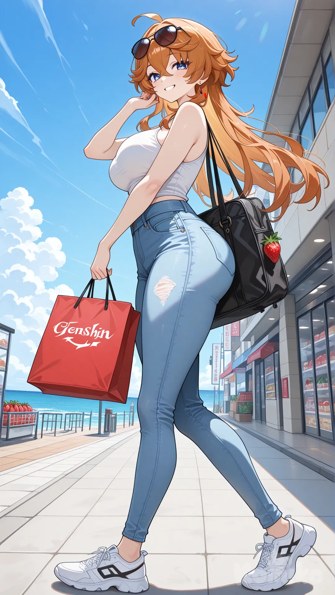 Tartaglia (Genshin Impact) as a longhair woman big sister style

#big sister style , good figure , 

#side view 

 # upper body (Focus on the upper body, from the waist up.)

#looking at viewer #full body#, up view , #full body ,from above , day , funny , relaxed, anime style , 

#cool post

, white Thin tank top, jeans, running shoes, sun glasses

relax , Taking a stroll, walking on a sidewalk , on a midnight sunnyday , in the super market carrying a bag full of strawberry in her hands., It has a view of the sea and beach as a backdrop
