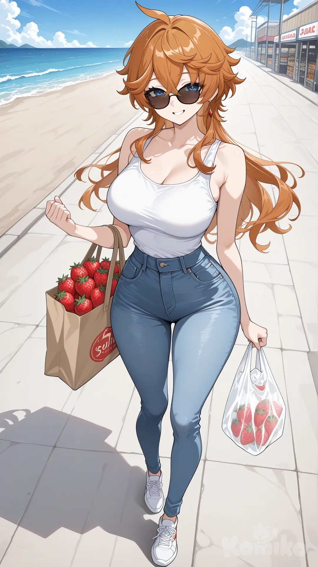 Tartaglia (Genshin Impact) as a longhair woman big sister style

#big sister style , good figure , 

#side view 

 # upper body (Focus on the upper body, from the waist up.)

#looking at viewer #full body#, up view , #full body ,from above , day , funny , relaxed, anime style , 

#cool post

, white Thin tank top, jeans, running shoes, sun glasses

relax , Taking a stroll, walking on a sidewalk , on a midnight sunnyday , in the super market carrying a bag full of strawberry in her hands., It has a view of the sea and beach as a backdrop