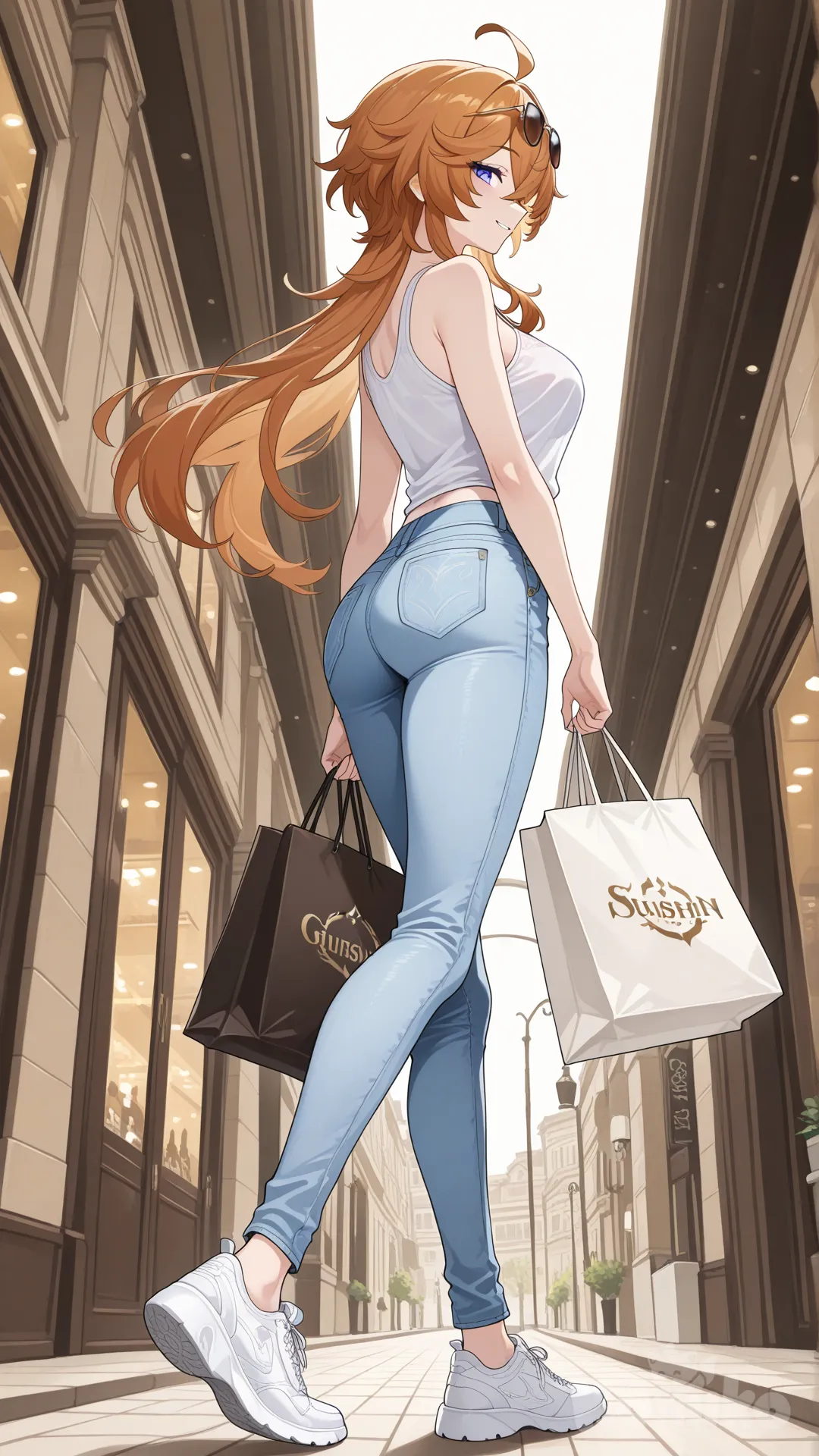 Tartaglia (Genshin Impact) as a longhair woman big sister style

#big sister style , good figure , 

#side view 

 # upper body (Focus on the upper body, from the waist up.)

#looking at viewer #full body#, up view , #full body ,from above , day , funny , relaxed, anime style , 

#cool post

, white Thin tank top, jeans, running shoes, sun glasses

relax , Taking a stroll, walking on a sidewalk , on a midnight sunnyday , in the shopping mall carrying a bag full of a brand name clothes in her hands., I