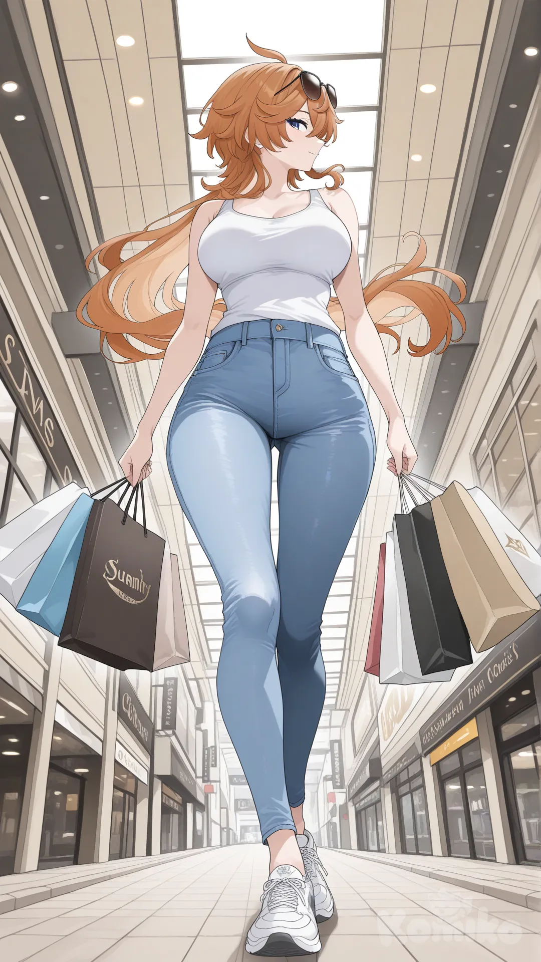 Tartaglia (Genshin Impact) as a longhair woman big sister style

#big sister style , good figure , 

#side view 

 # upper body (Focus on the upper body, from the waist up.)

#looking at viewer #full body#, up view , #full body ,from above , day , funny , relaxed, anime style , 

#cool post

, white Thin tank top, jeans, running shoes, sun glasses

relax , Taking a stroll, walking on a sidewalk , on a midnight sunnyday , in the shopping mall carrying a bag full of a brand name clothes in her hands., I