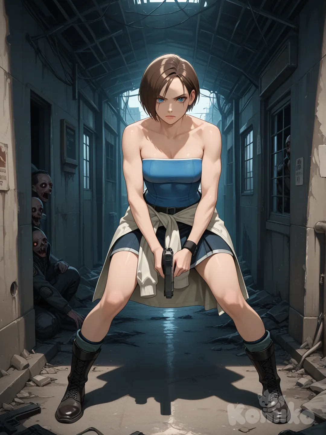 Jill Valentine, 1girl, short hair, brown hair, blue eyes, ?, tube top, ? shoulders, skirt, clothes around waist, boots, wearing tactical gear with her classic costume, holding a pistol in a defensive stance inside a dimly lit, abandoned facility, expression serious and focused, photorealistic shadows, zombies nearby. High resolution, crisp and clear, intricate details, professional image, HD, .