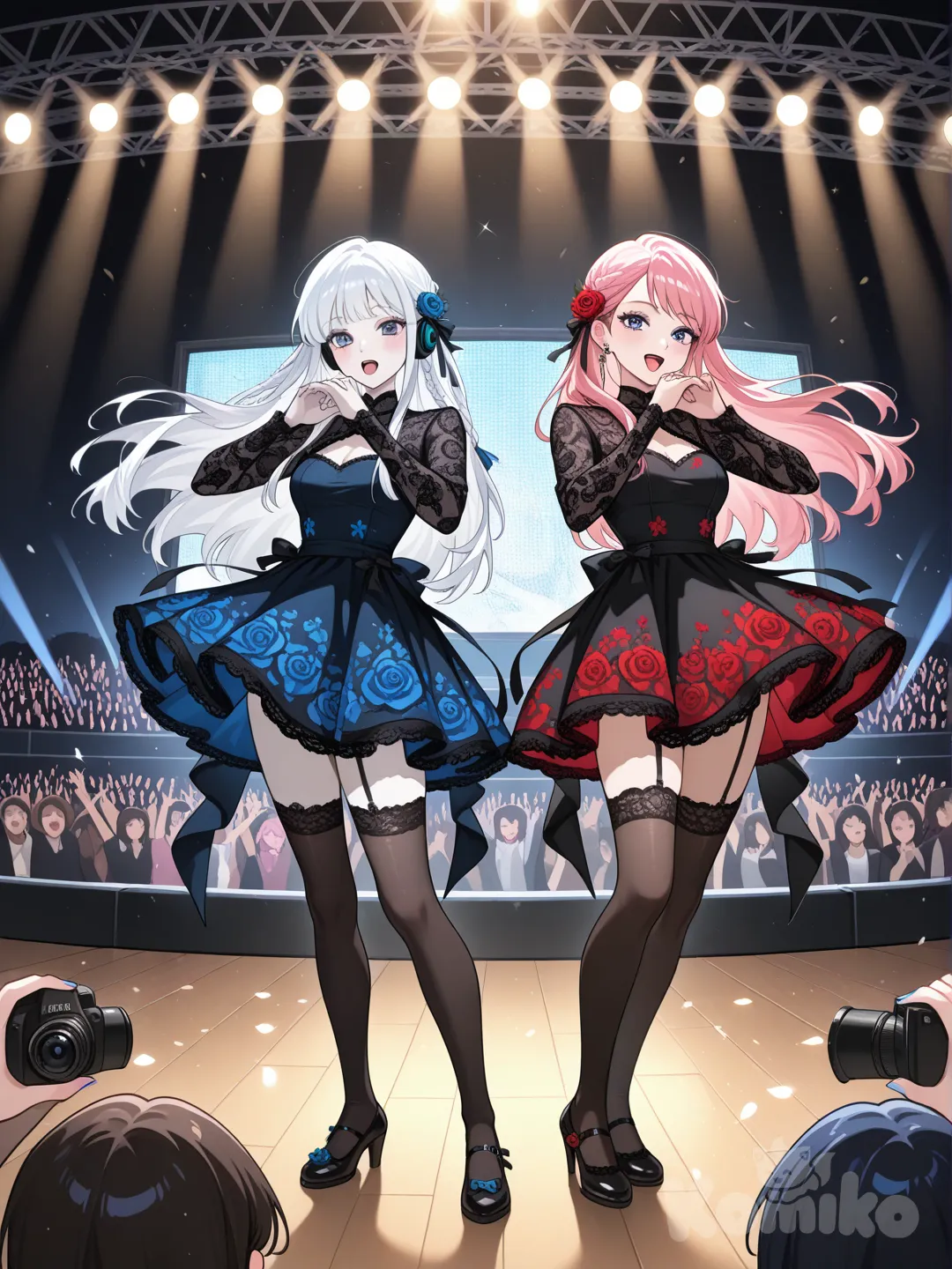 Anime, fille de 20 ans, 1m58 , magnifique visage avec un corps pâle et des cheveux blanc naturelle , une poitrine de bonnet C, des yeux bleu glacé. Elle a une grande tresse avec des roses accroché en epingle. Ele est vetu d'une robe noir en dentelle, elle porte des collants en dentelle noir avec des motifs de roses noirs et des Mary Jane noir avec des noeud a chaque chaussure. Les ongles vernis en bleu foncé. Elle a une soeur de 23 ans cheveux roses un visage tout aussi magnifique avec une robe en dentelle coloré avec des chaussures a talon.
Elles sont sur scène des micros accroché a une oreille. Deux grands écrans sont accroché sur les deux cotes de la scene montrant la scene via des caméras. Elles chantent devant un public de la K-Pop avec une pose d'une chorégraphie.