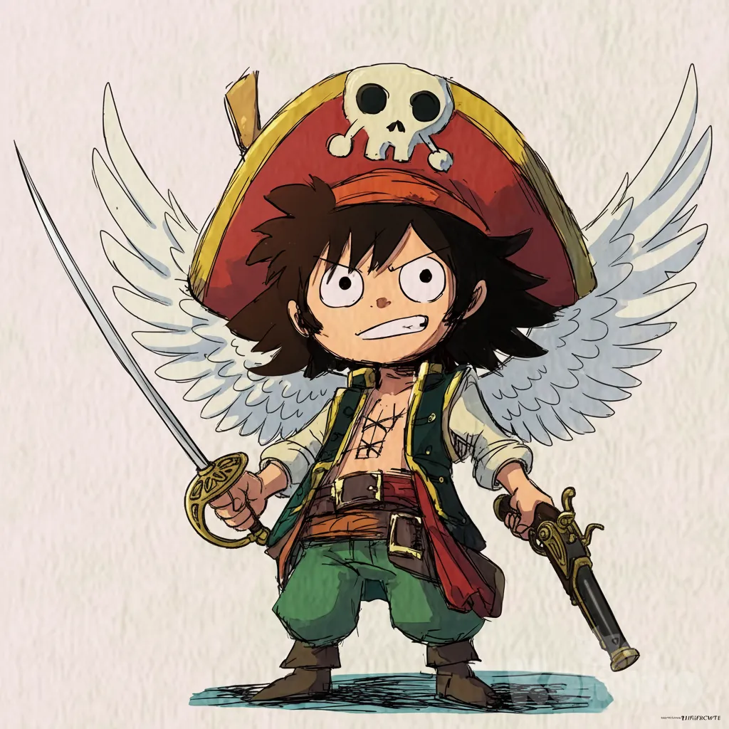 Small pirate man, wings, rapier, pistol