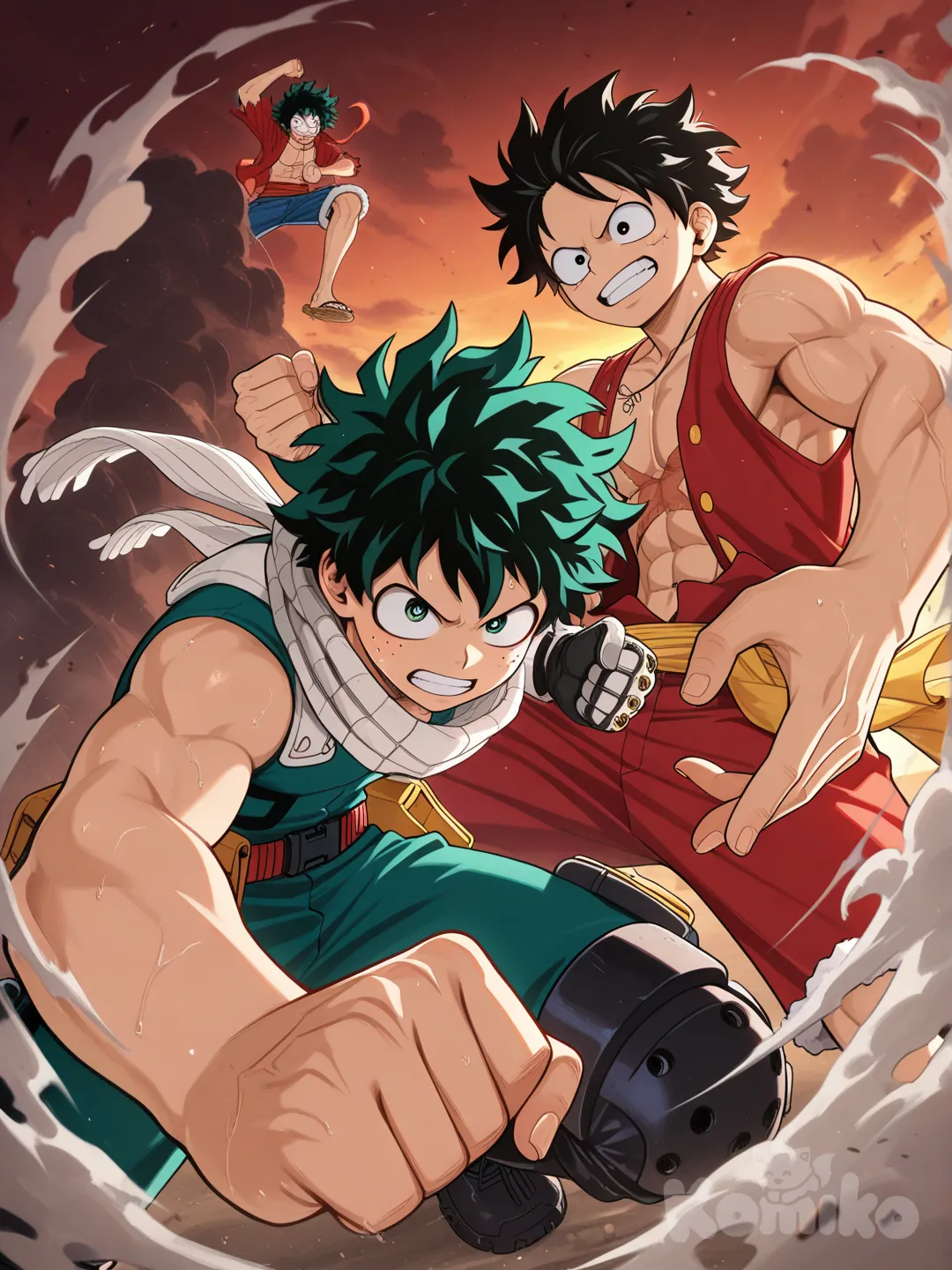@Monkey_D._Luffy y @Midoriya_Izuku
Teniendo un enfrentamiento a puño