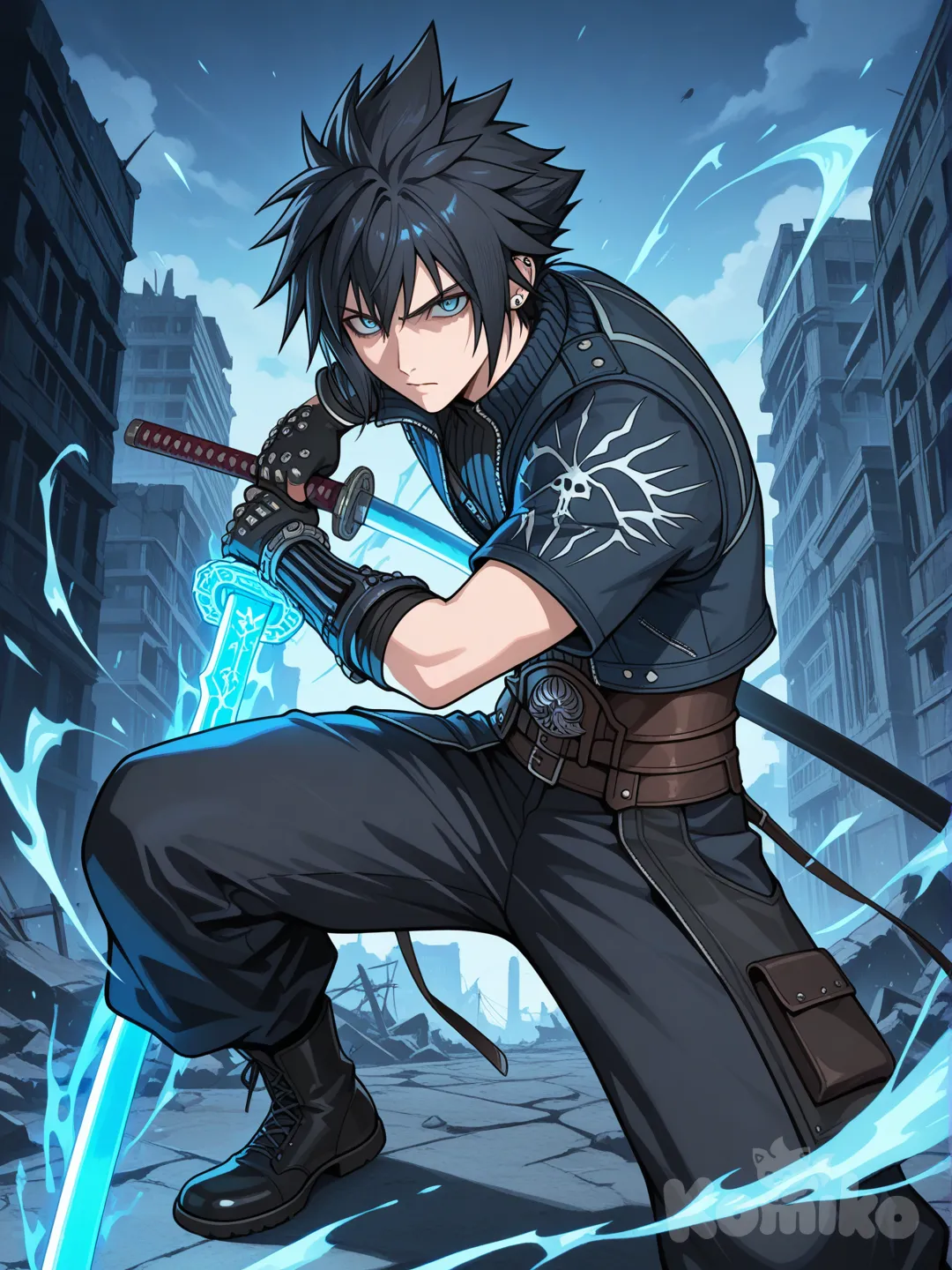 anime style, cloud strife from final fantasy 7 wearing noctis lucis caelum's outfit from final fantasy 15, jet black hair, in a dynamic combat pose holding a katana like vergil from devil may cry, glowing blue energy around the blade, sharp determined eyes, midgar ruins in the background, cel-shaded, dramatic lighting, background, fantasy anime art, high resolution.