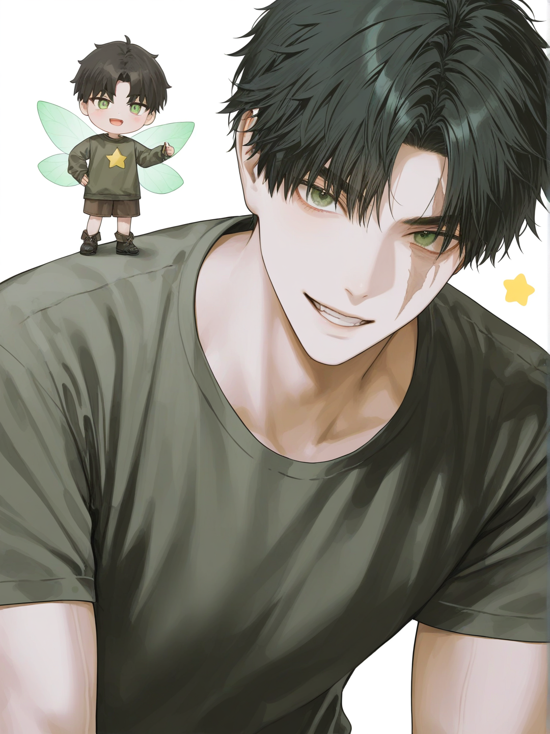 [soft-pastel-style] 1boy, fairy, warrior, teenager, muscular, black_hair, green_eyes, scar over left eye, dark green and dark brown clothing, confident expression, realistic, single character, full body, looking at viewer, simple background, white background