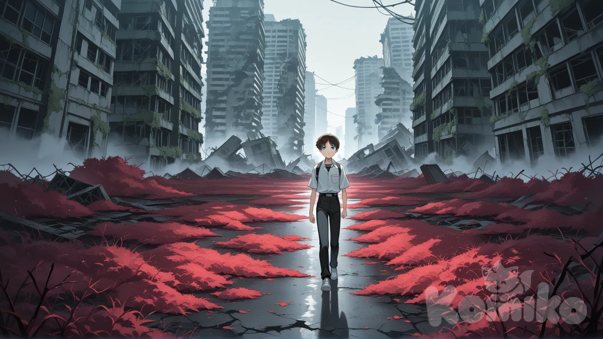 @Ikari_Shinji wandering the ruins of what was Tokyo japan, now covered by red vines and red weed