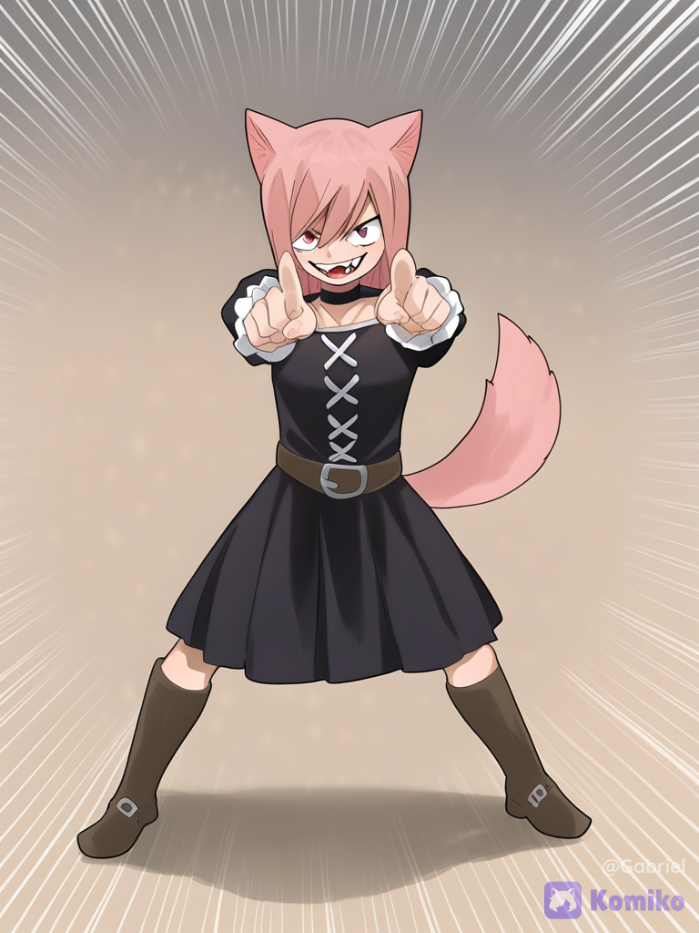 [sunny-cartoon-style], 1boy, cabello verde marino con orejas de lobo y cola de lobo y colmillo con ropa gótica 1girl, cabello rosado fresa oreja de gato y cola de gato y ropa medieval pointing at viewer, group battle pose, evil smile