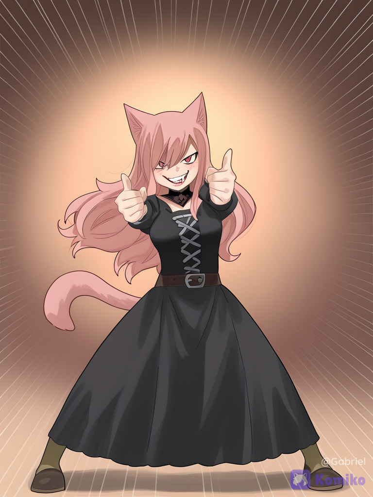 [sunny-cartoon-style], 1boy, cabello verde marino con orejas de lobo y cola de lobo y colmillo con ropa gótica 1girl, cabello rosado fresa oreja de gato y cola de gato y ropa medieval pointing at viewer, group battle pose, evil smile