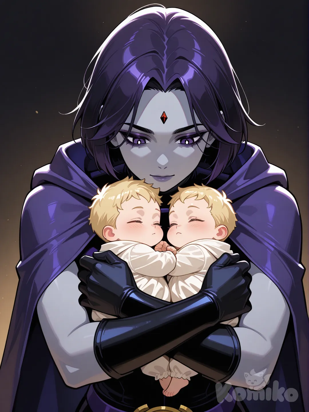 raven (dc), and beastboy holding a baby in their arms
