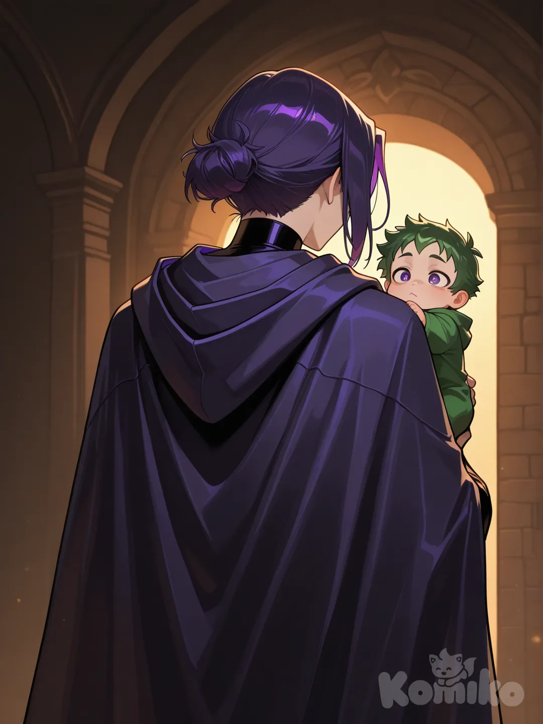 raven (dc), holding a baby in their arms with beastboy looking over her shoulder