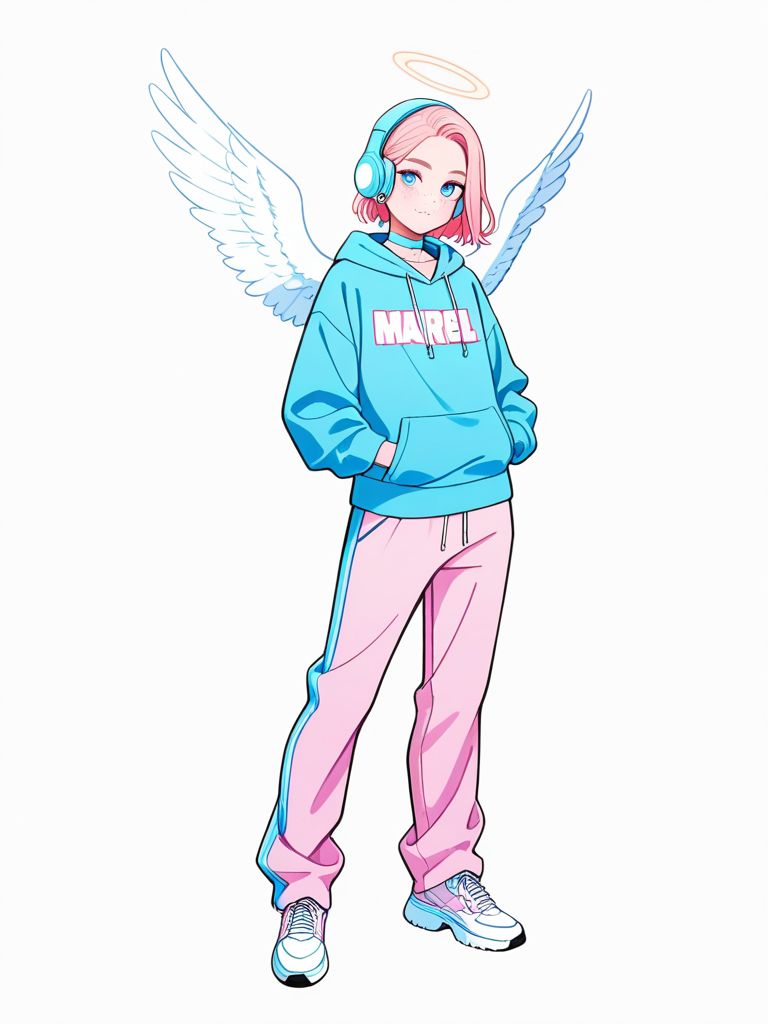 1girl, marvel style, superhuman, pastel colors, mature, teenager, slim, blue eyes, freckles, tattoo, hoodie, wide-leg pants, angel wings, earrings, choker, necklace, jewelry, headphones, single character, full body, looking at viewer, simple background, white background