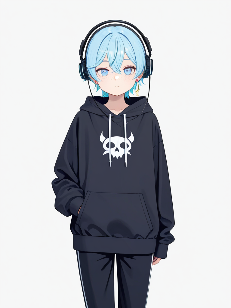 1girl, demon, teenager, slim, blue_hair, freckles, olive_skin, hoodie, suit_pants, earrings, headphones, pastel_colors, single_character, full_body, looking_at_viewer, anime_style, simple_background, white_background