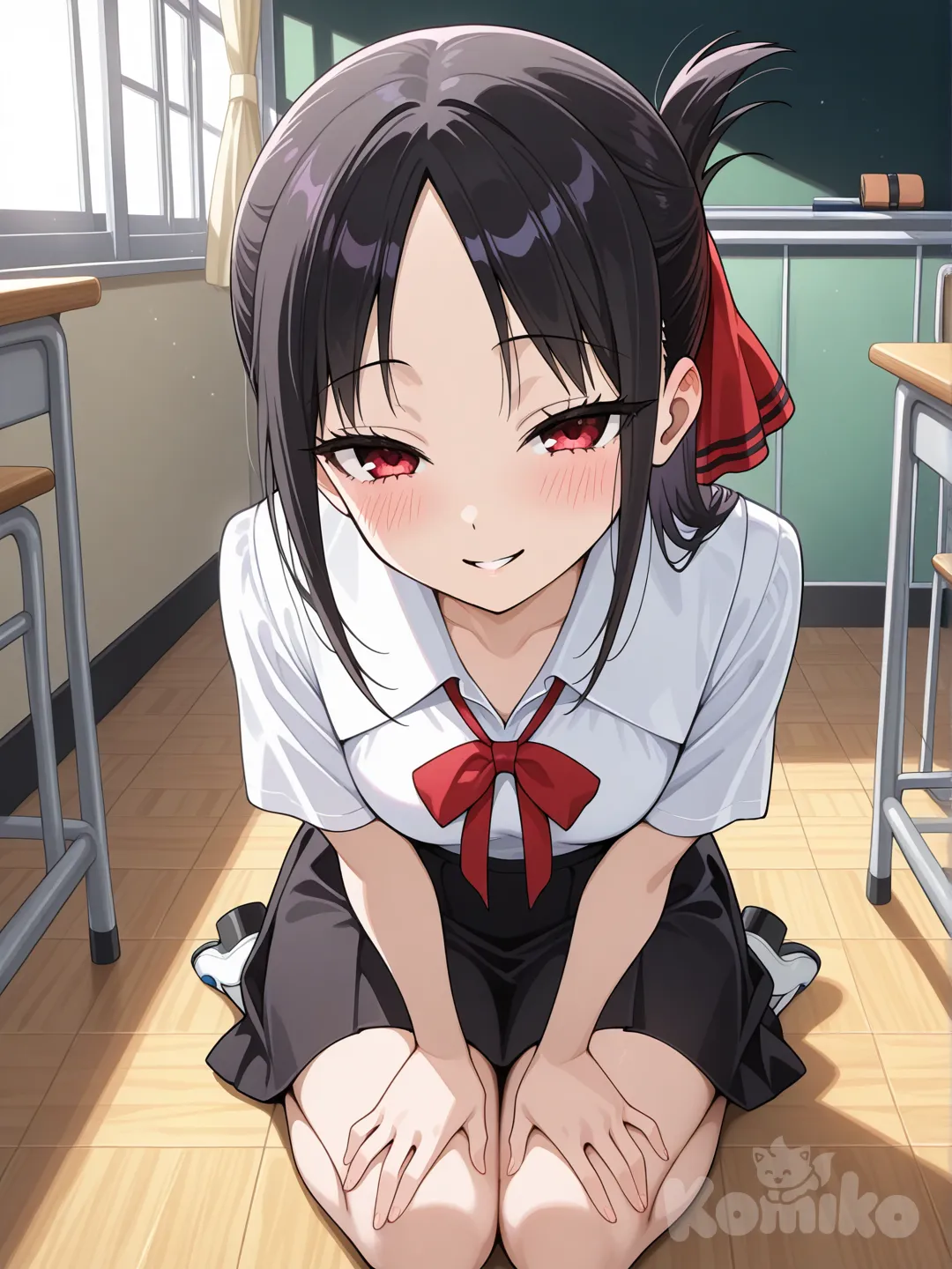1girl, Kaguya Shinomiya from Kaguya-sama Love is War, solo, long black hair, red eyes, alluring expression, flushed face, school uniform, red ribbon loose, white blouse open at collar, black skirt, bare legs, kneeling on classroom floor, sitting on heels, hands on thighs, leaning forward, looking up at viewer with bedroom eyes, chalkboard background, dramatic lighting from window, submissive yet seductive pose, background, anime screencap style, official art style, photo (medium), full body