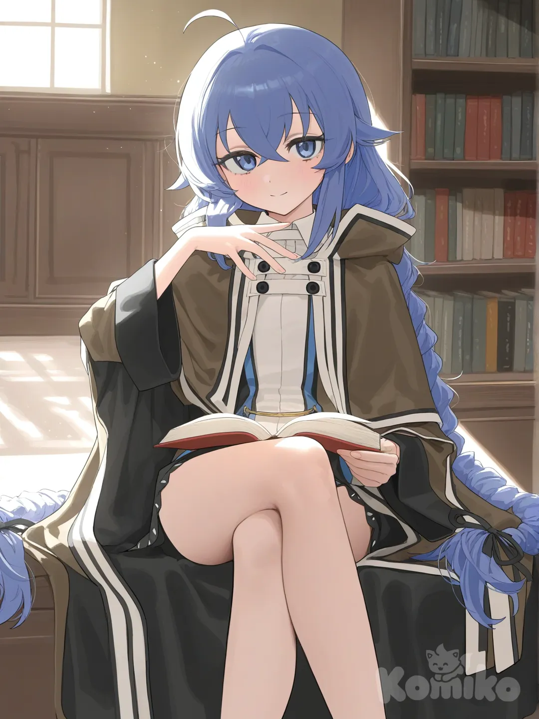1girl, Roxy Migurdia from Mushoku Tensei, solo, short blue hair, blue eyes, petite beautiful face, gentle elegant smile, mature feminine aura, blue mage robe with white trim, sitting on windowsill, holding book, one leg crossed over other, looking at viewer, soft afternoon light, library background, bookshelves, magical atmosphere, graceful sophisticated pose, background, anime screencap style, official art style, [bright-anime-style]
