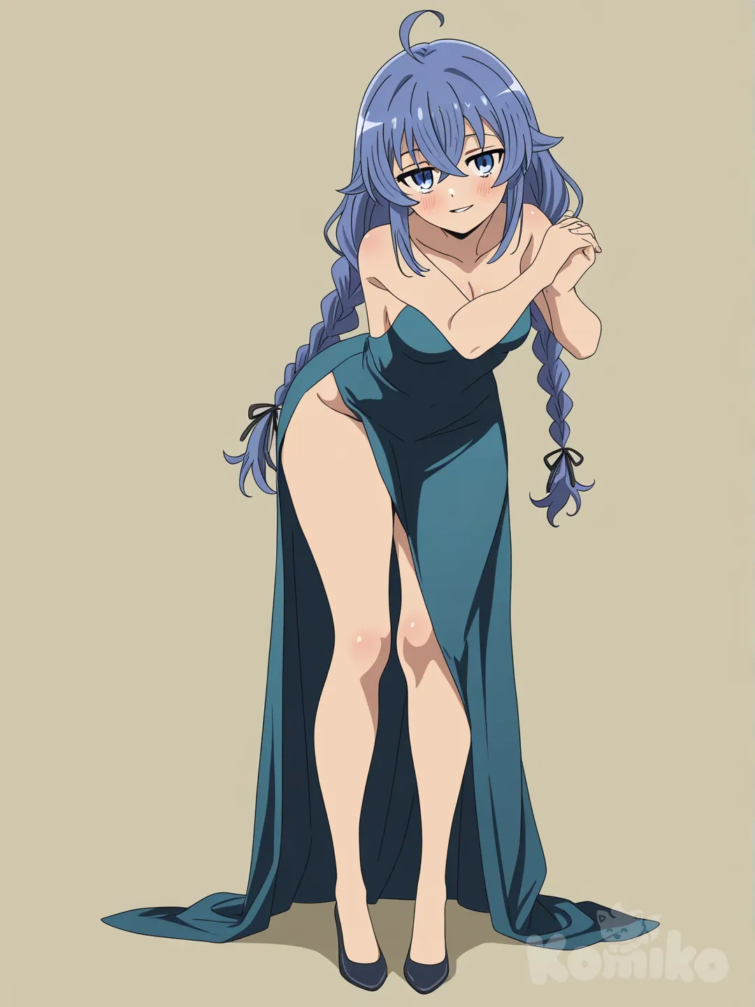 Roxy Migurdia from mushoku tensei, 1girl, solo, alluring gaze, seductive shy smile, blushing, elegant teal blue dress, strapless, deep cleavage, high leg slit, bare smooth legs, leaning forward slightly, both hands clasped together, looking at viewer, simple beige background, soft lighting, intimate sensual mood, full body shot, anime style, full body, [bright-anime-style]