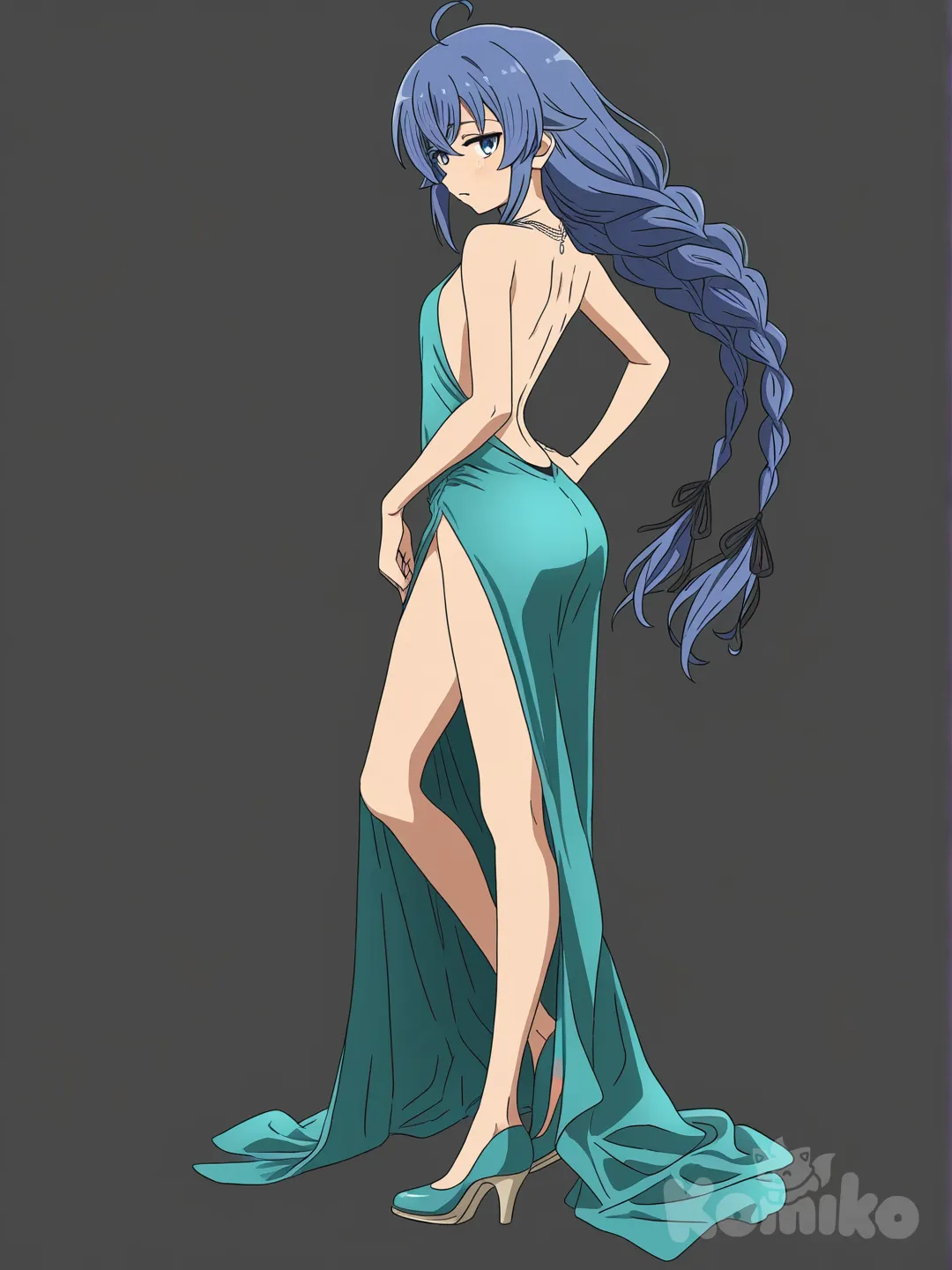 Roxy Migurdia from mushoku tensei, 1girl, solo, long black hair, seductive expression, looking back over shoulder at viewer, elegant teal evening gown, backless, bare back, high slit showing leg, bare thighs, standing pose, one hand on hip, simple gray background, dramatic lighting, sultry sophisticated atmosphere, full body, anime style[bright-anime-style]