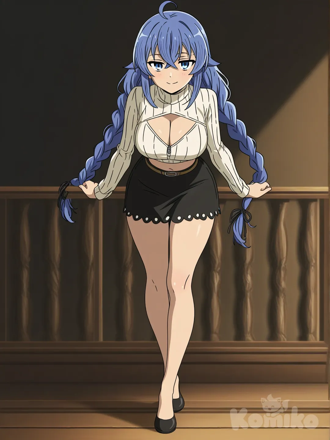 ultra-full body, Roxy Migurdia from Mushoku Tensei, accurate character design, petite woman with pale skin, curvy hourglass figure, fuller breasts and hips, long blue hair in two twin braids reaching waist, blue eyes, soft seductive smile, wearing cream beige ribbed turtleneck crop top sweater with large chest cutout window revealing cleavage, long sleeves, tight knit fit, black mini skirt with front zipper and round belt buckle, frilled hem, standing leaning forward on railing, hands on railing, seductive confident pose looking at viewer, soft indoor lighting, fabric texture, anime style, 8k[bright-anime-style]
