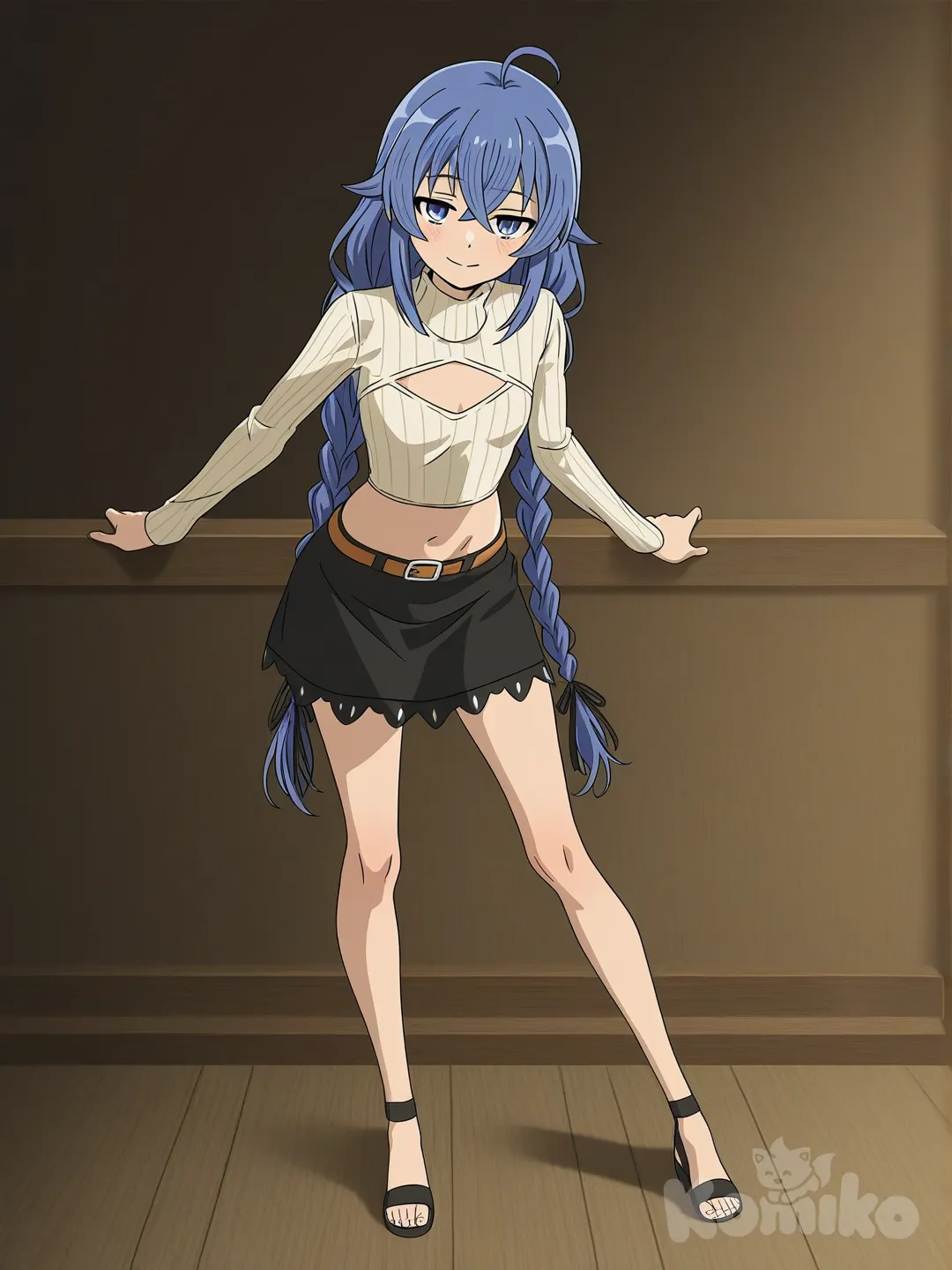 ultra-full body, Roxy Migurdia from Mushoku Tensei, accurate character design, petite slim woman with delicate figure, pale skin, long blue hair in two twin braids reaching waist, blue eyes, soft seductive smile, wearing cream beige ribbed turtleneck crop top sweater with large chest cutout window, long sleeves, tight knit fit, black mini skirt with front zipper and round belt buckle, frilled hem, standing leaning forward on railing, hands on railing, seductive confident pose looking at viewer, soft indoor lighting, fabric texture, anime style, 8k[bright-anime-style]
