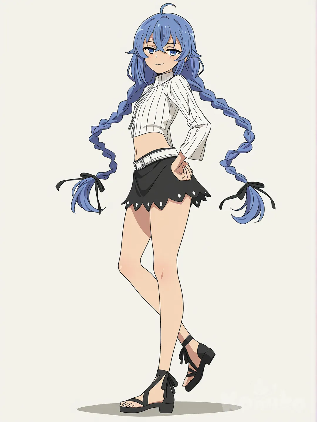 ultra-full body three-quarter view, Roxy Migurdia Mushoku Tensei, petite slim delicate body, long blue twin braids flowing, blue eyes, teasing smirk, cream beige ribbed turtleneck crop top with deep chest cutout, beige knit hugging slim figure, black short skirt with zipper detail and circle belt loop, frilled hem, standing with one hand on hip, weight on one leg, seductive pose, side view highlighting figure, soft light, anime art style, sharp focus, 8k[bright-anime-style]